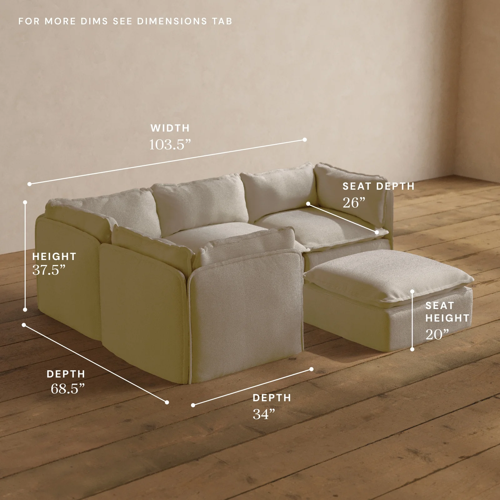 Modular Washable 4-Seater Corner Sectional + Ottoman in Powder | Deluxe+ Seat | Cloud Pillow - Image 5