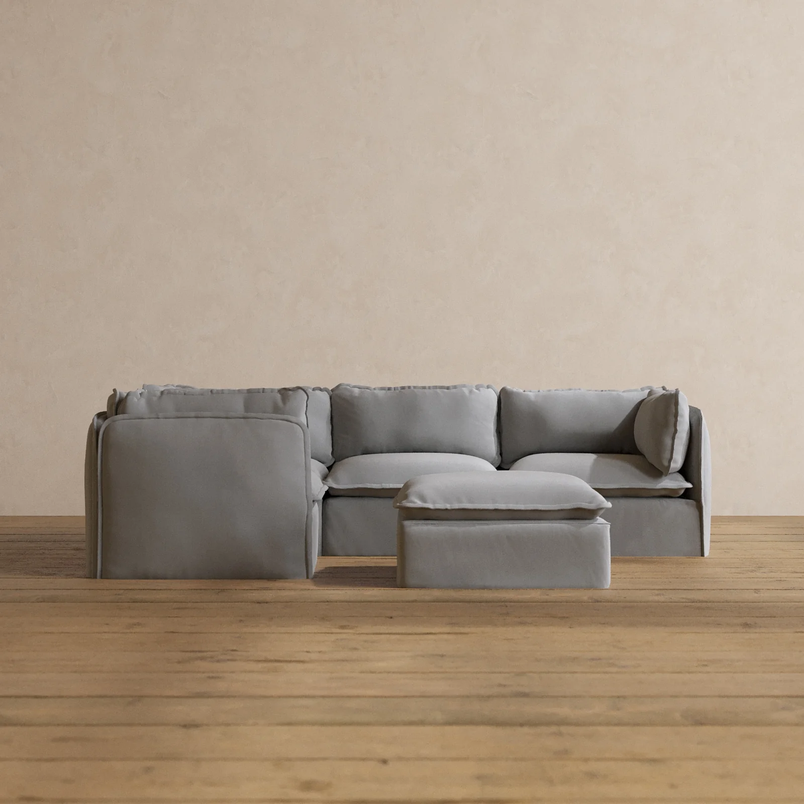 Modular Washable 4-Seater Corner Sectional + Ottoman in Pumice | Memorix+ Seat | Contour Pillow