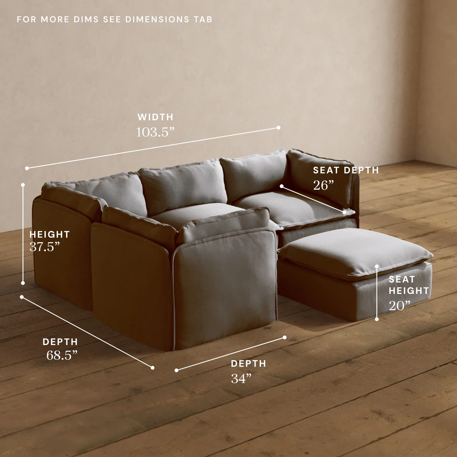 Modular Washable 4-Seater Corner Sectional + Ottoman in Pumice | Memorix+ Seat | Contour Pillow - Image 5