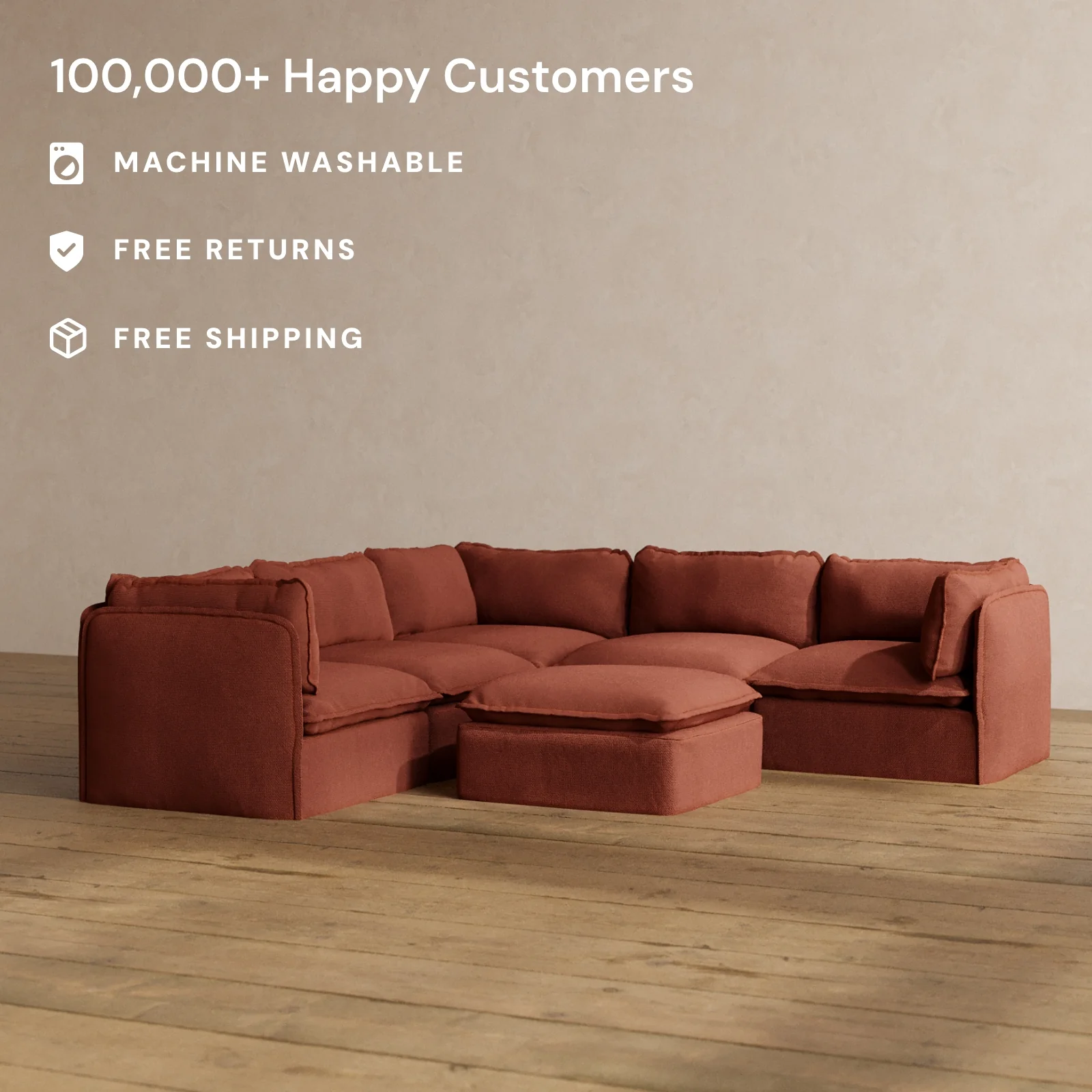 Modular Washable 4-Seater Corner Sectional + Ottoman in Rust | Deluxe+ Seat | Cloud Pillow - Image 2