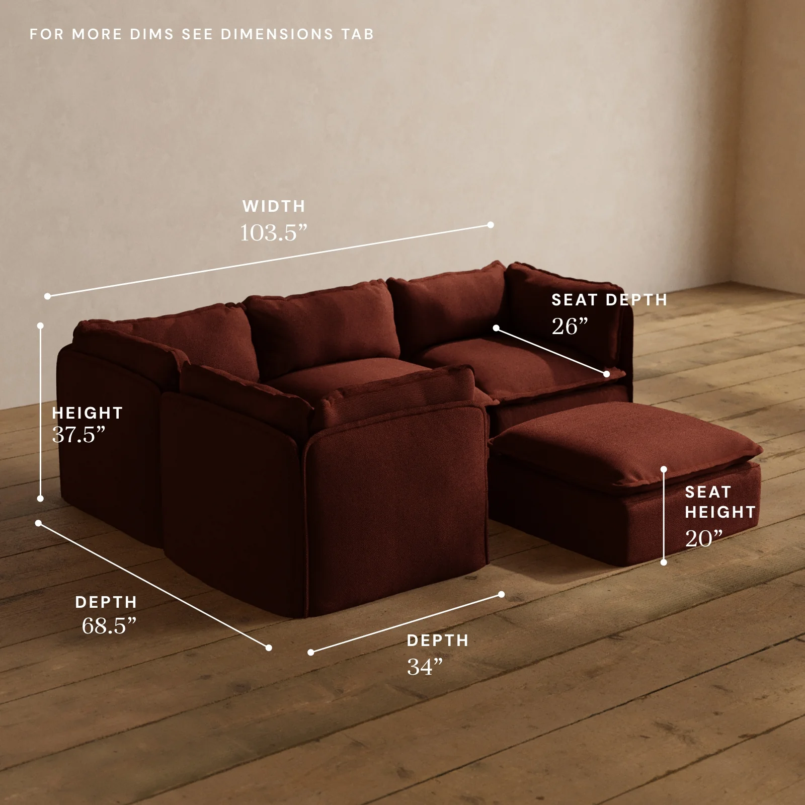 Modular Washable 4-Seater Corner Sectional + Ottoman in Rust | Deluxe+ Seat | Cloud Pillow - Image 5