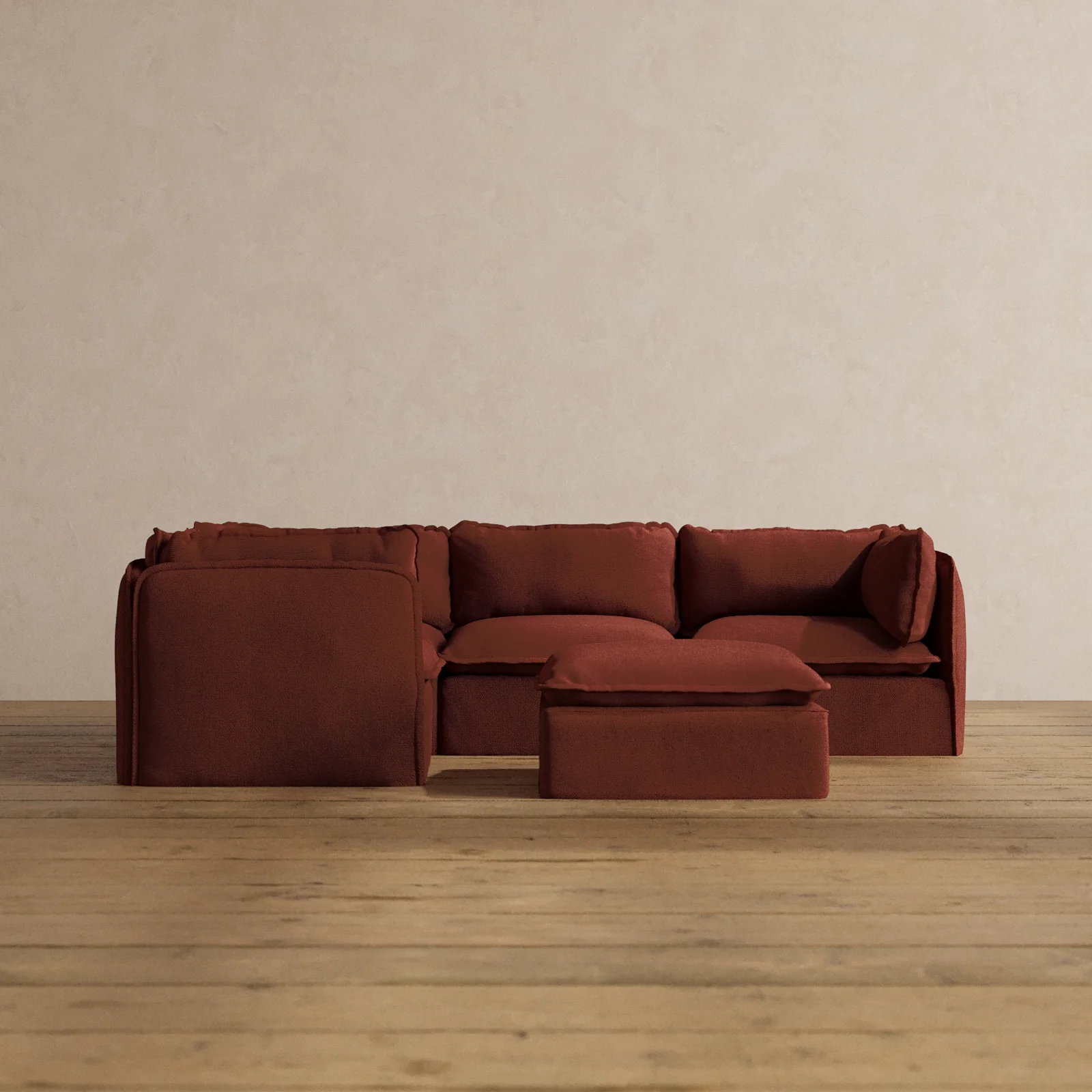 Modular Washable 4-Seater Corner Sectional + Ottoman in Rust | Memorix+ Seat | Contour Pillow
