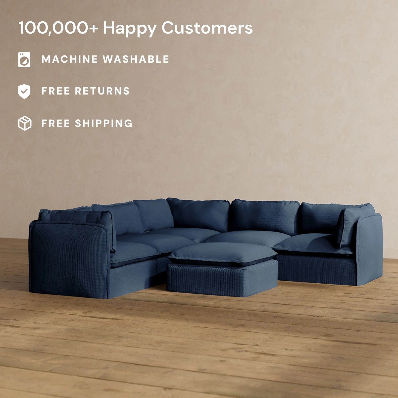 Modular Washable 4-Seater Corner Sectional + Ottoman in Sumi | Deluxe+ Seat | Cloud Pillow - Image 2