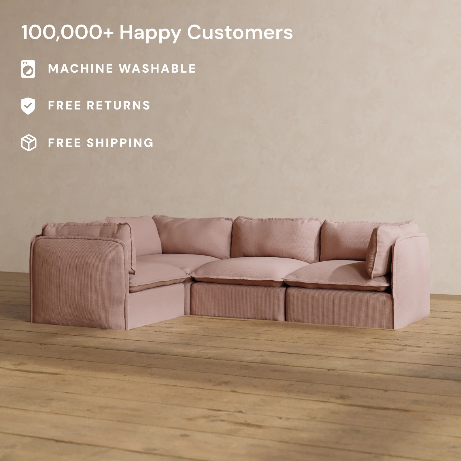 Modular Washable 4-Seater Corner Sectional in Sakura | Deluxe+ Seat | Cloud Pillow - Image 2