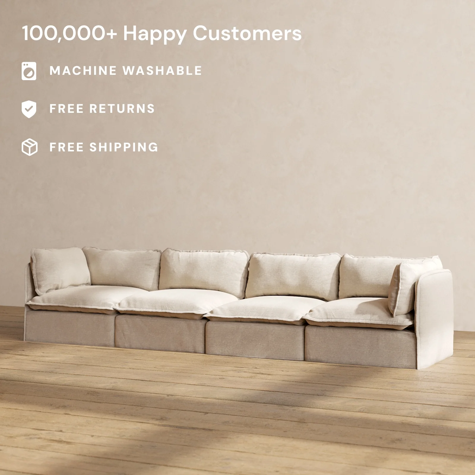 Modular Washable 4-Seater in Oat | Deluxe+ Seat | Cloud Pillow - Image 2