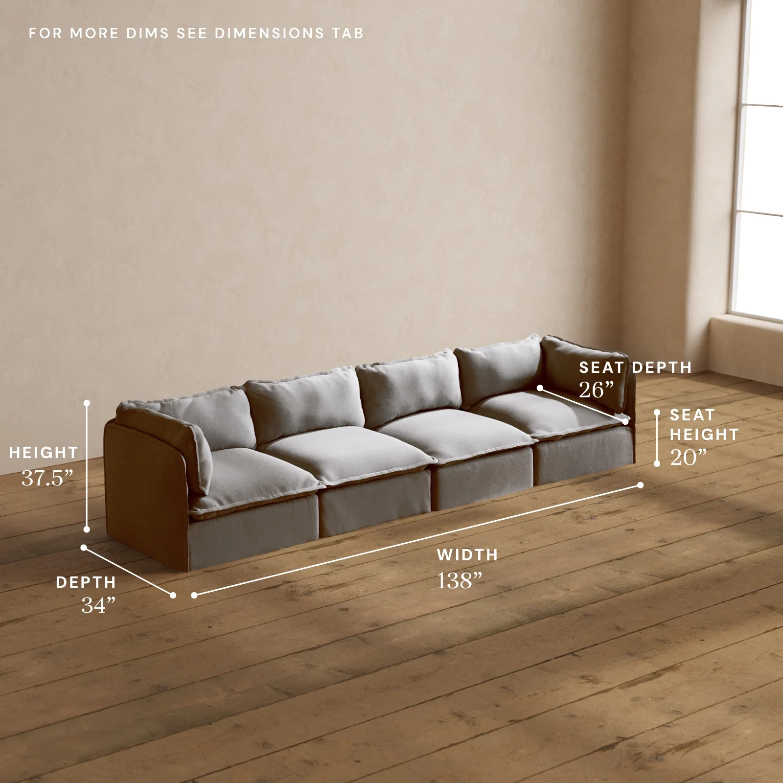 Modular Washable 4-Seater in Pumice | Deluxe+ Seat | Cloud Pillow - Image 5
