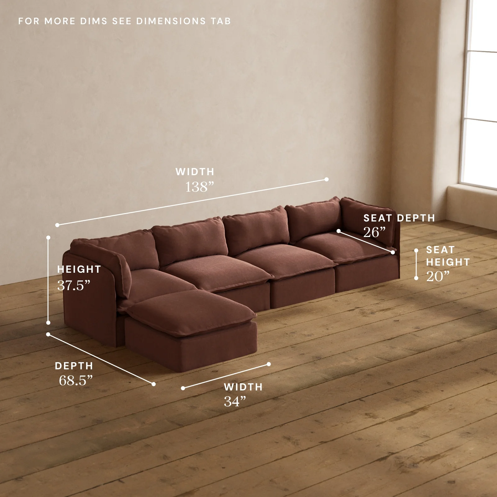 Modular Washable 4-Seater Sectional in Chestnut | Memorix+ Seat | Contour Pillow - Image 5