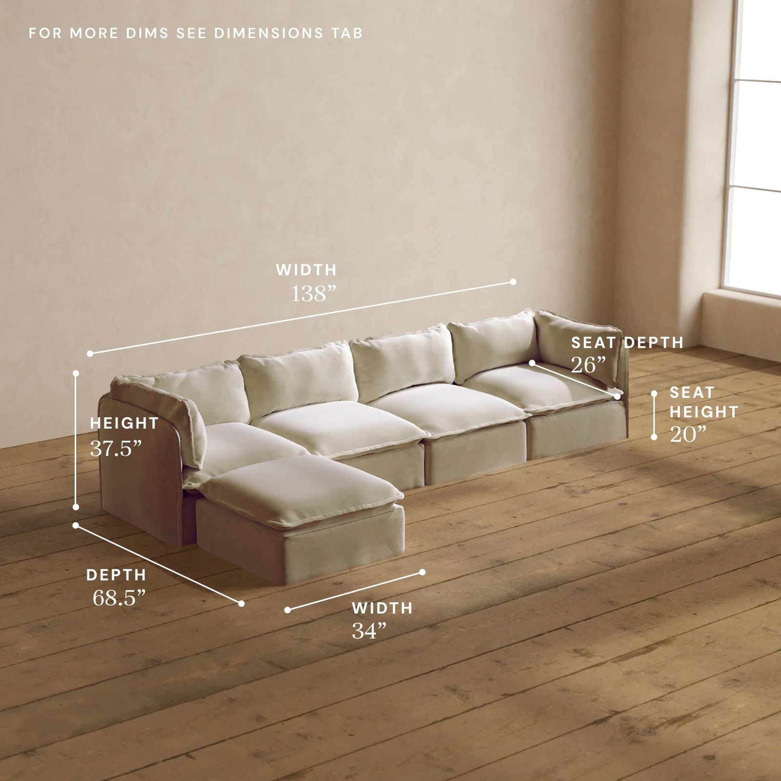 Modular Washable 4-Seater Sectional in Coco | Deluxe+ Seat | Cloud Pillow - Image 5