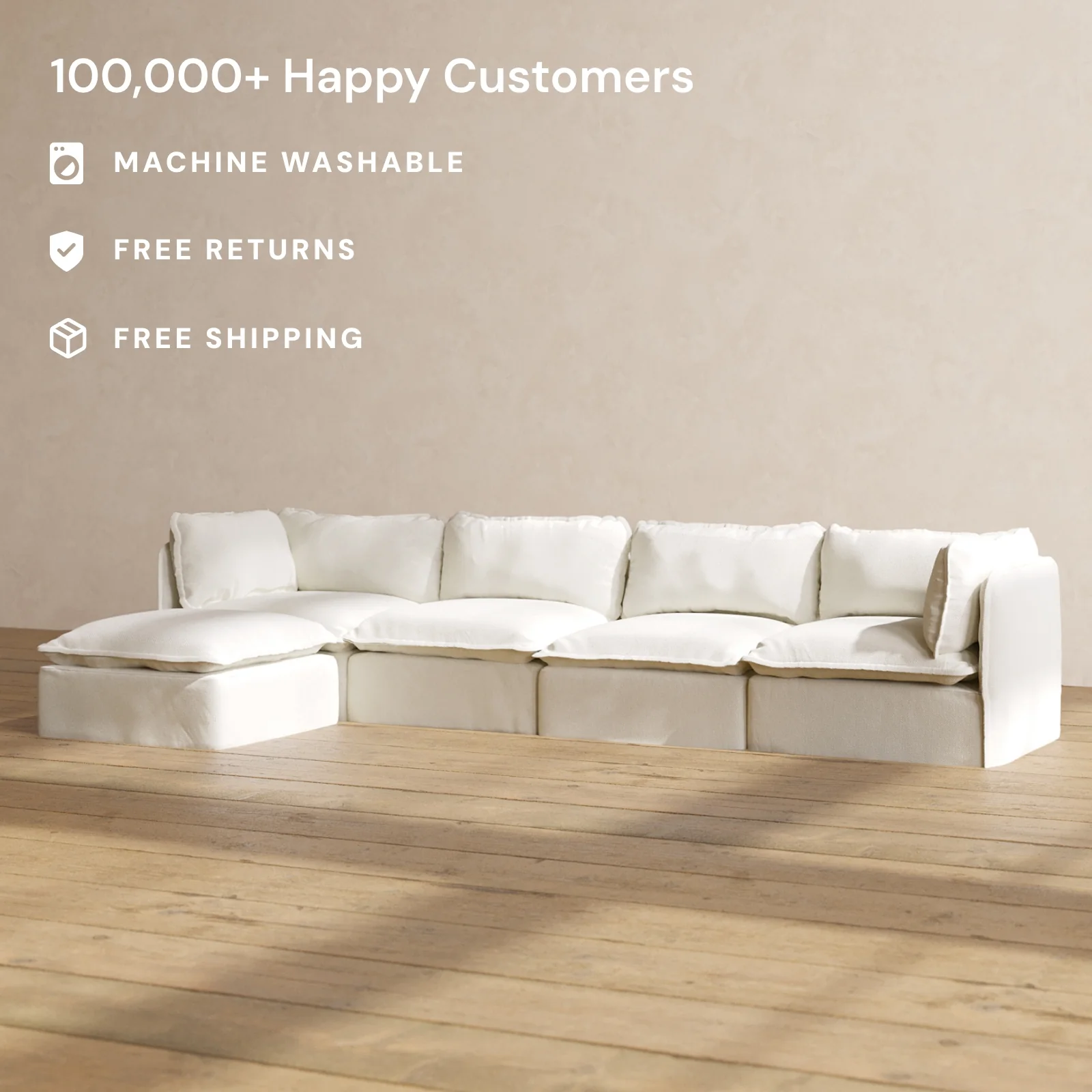 Modular Washable 4-Seater Sectional in Eggshell | Deluxe+ Seat | Cloud Pillow - Image 2