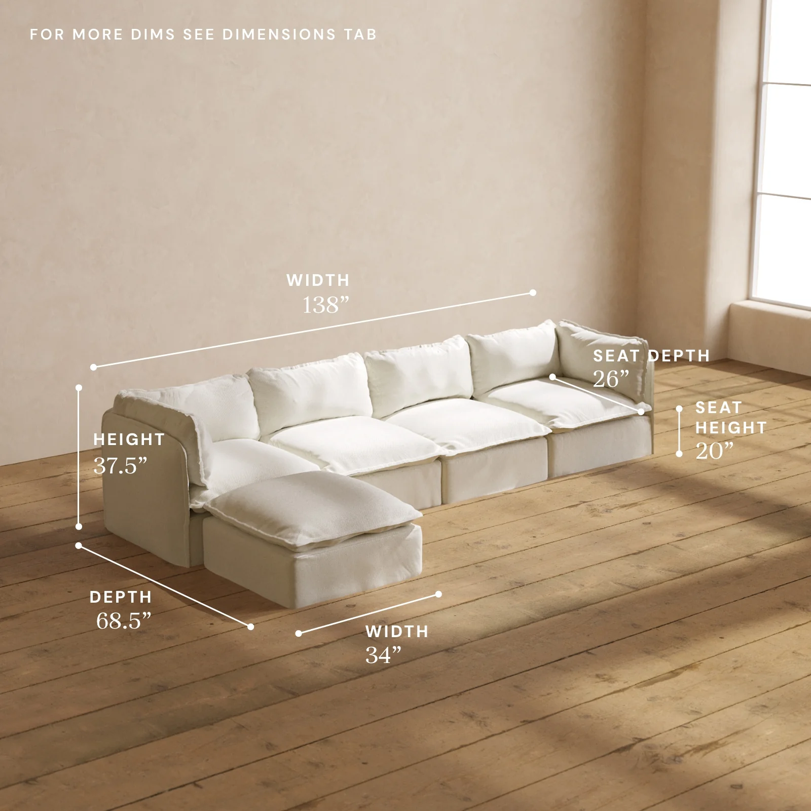 Modular Washable 4-Seater Sectional in Eggshell | Deluxe+ Seat | Cloud Pillow - Image 5