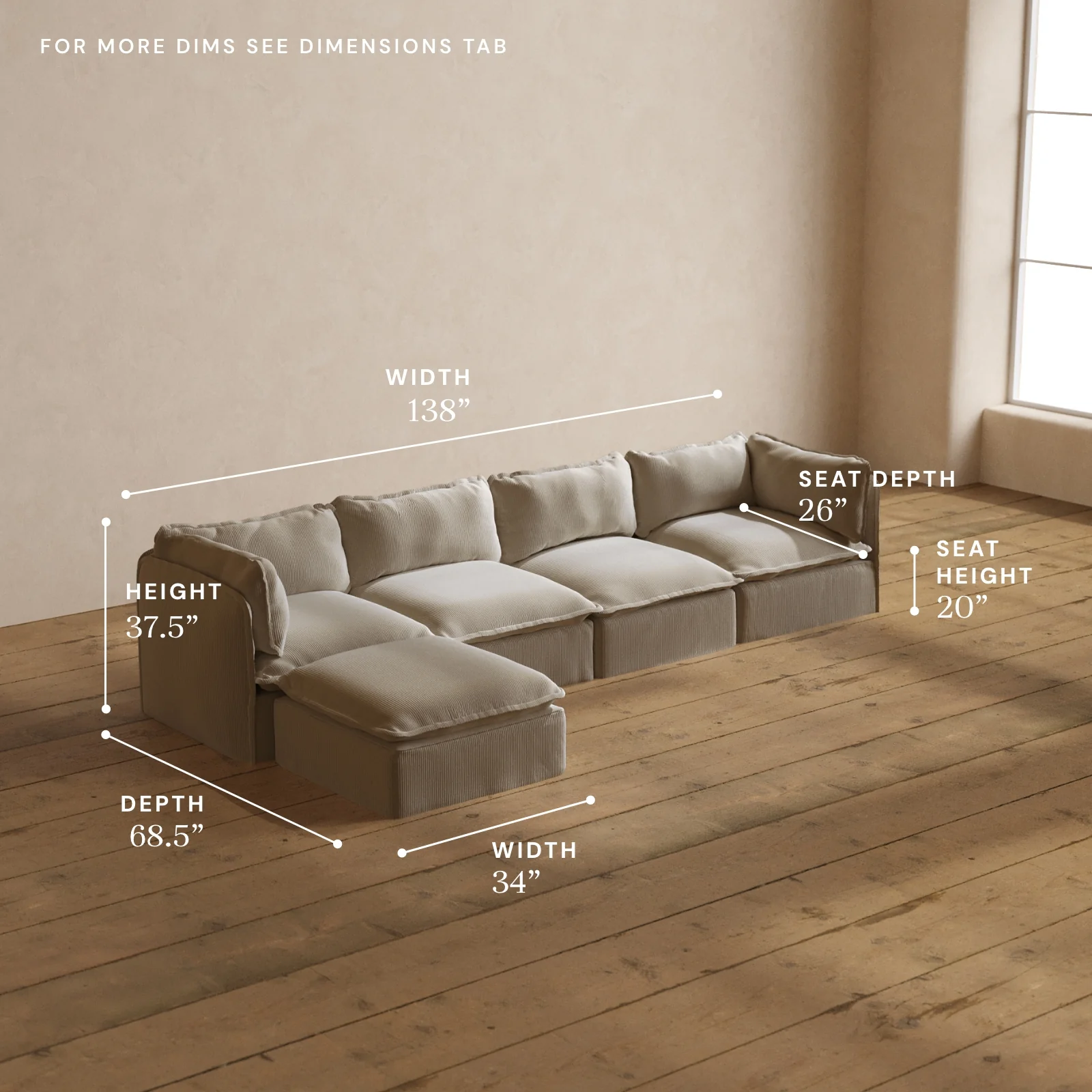 Modular Washable 4-Seater Sectional in Milk | Deluxe+ Seat | Cloud Pillow - Image 5