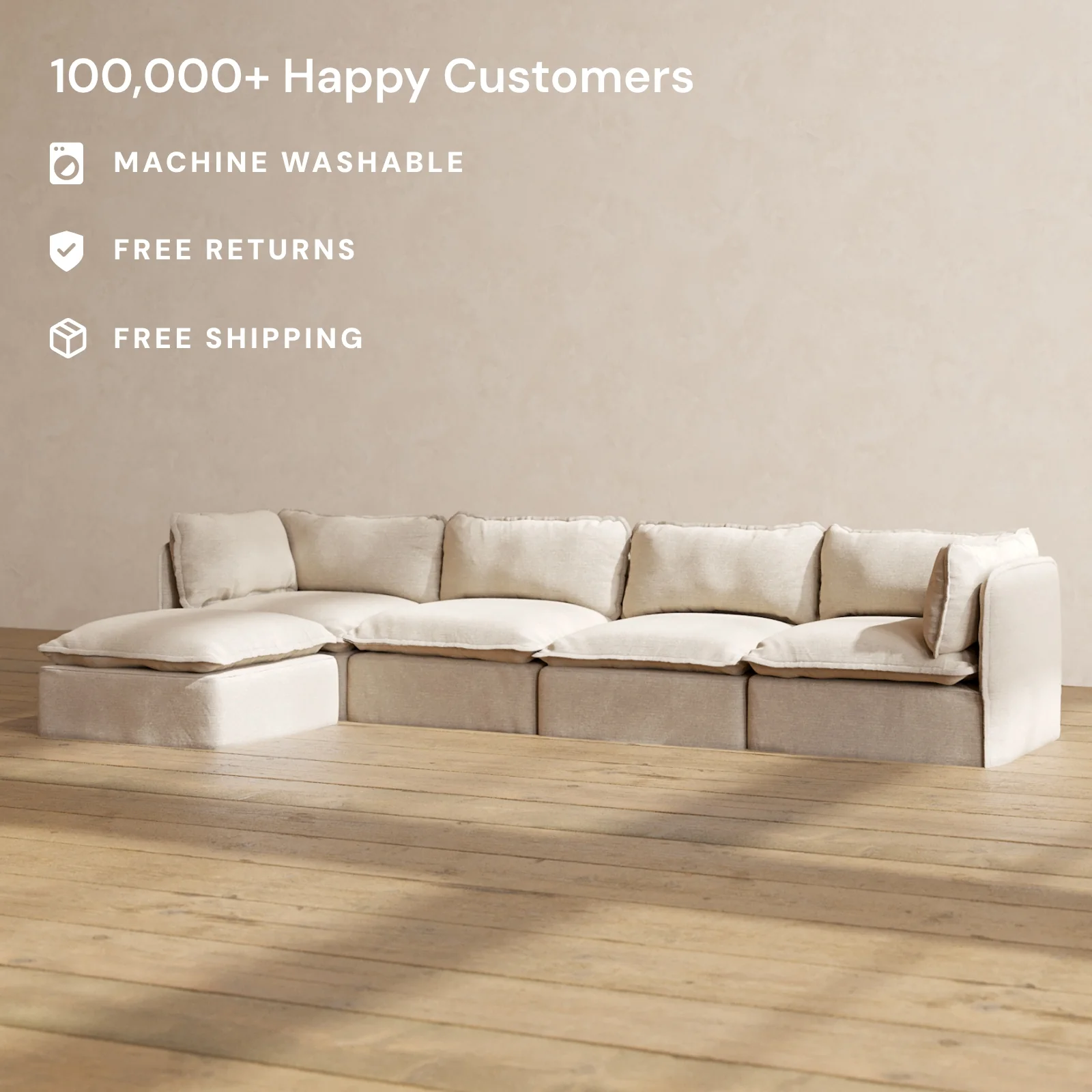 Modular Washable 4-Seater Sectional in Oat | Deluxe+ Seat | Cloud Pillow - Image 2