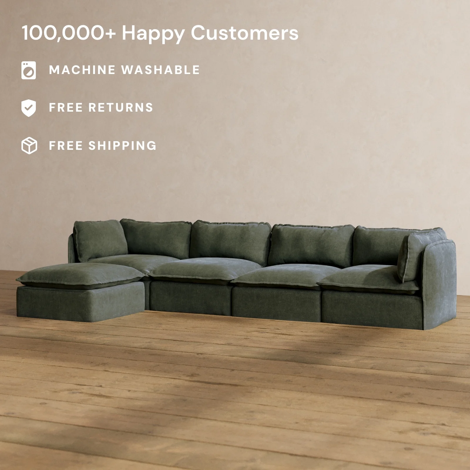 Modular Washable 4-Seater Sectional in Olivine | Memorix+ Seat | Contour Pillow - Image 2