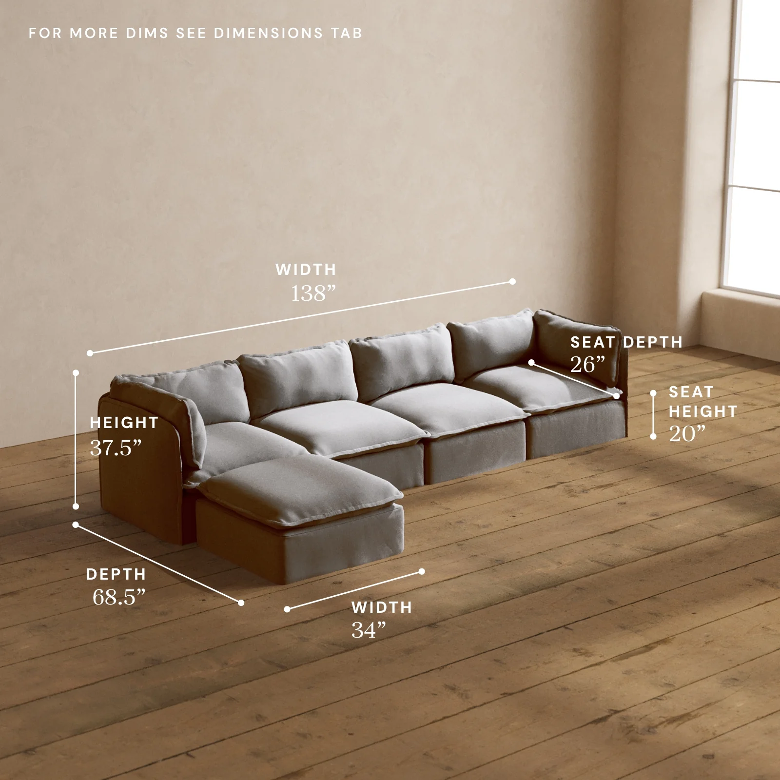 Modular Washable 4-Seater Sectional in Pumice | Deluxe+ Seat | Cloud Pillow - Image 5