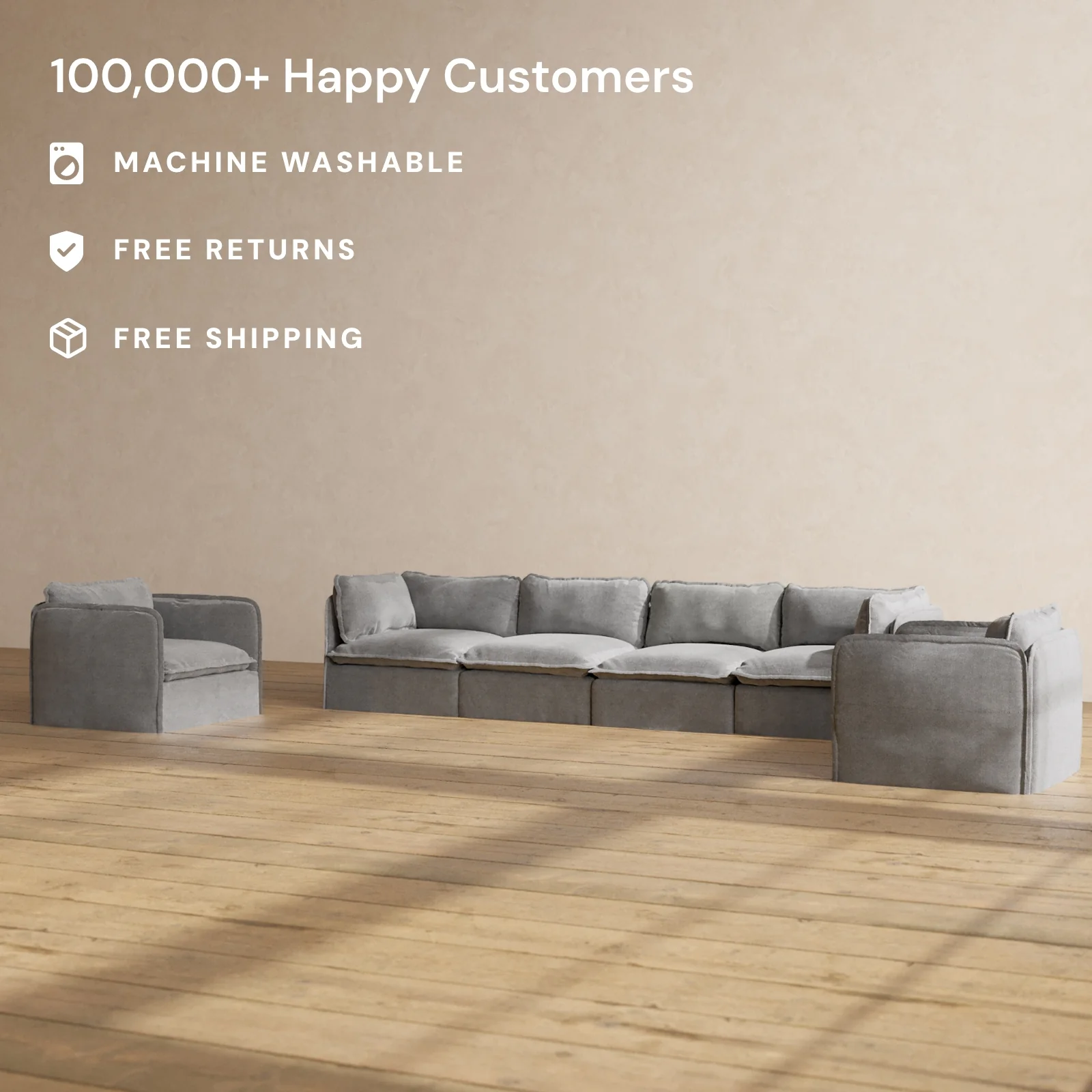 Modular Washable 4-Seater Sofa + Armchair Set in Ash | Memorix+ Seat | Contour Pillow - Image 2