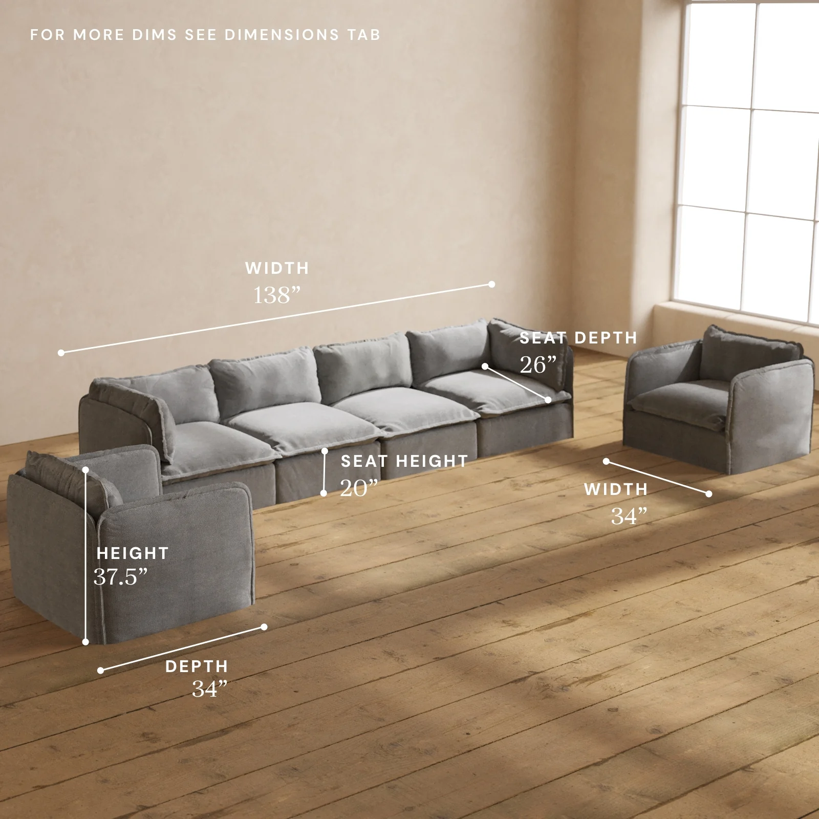 Modular Washable 4-Seater Sofa + Armchair Set in Ash | Memorix+ Seat | Contour Pillow - Image 5