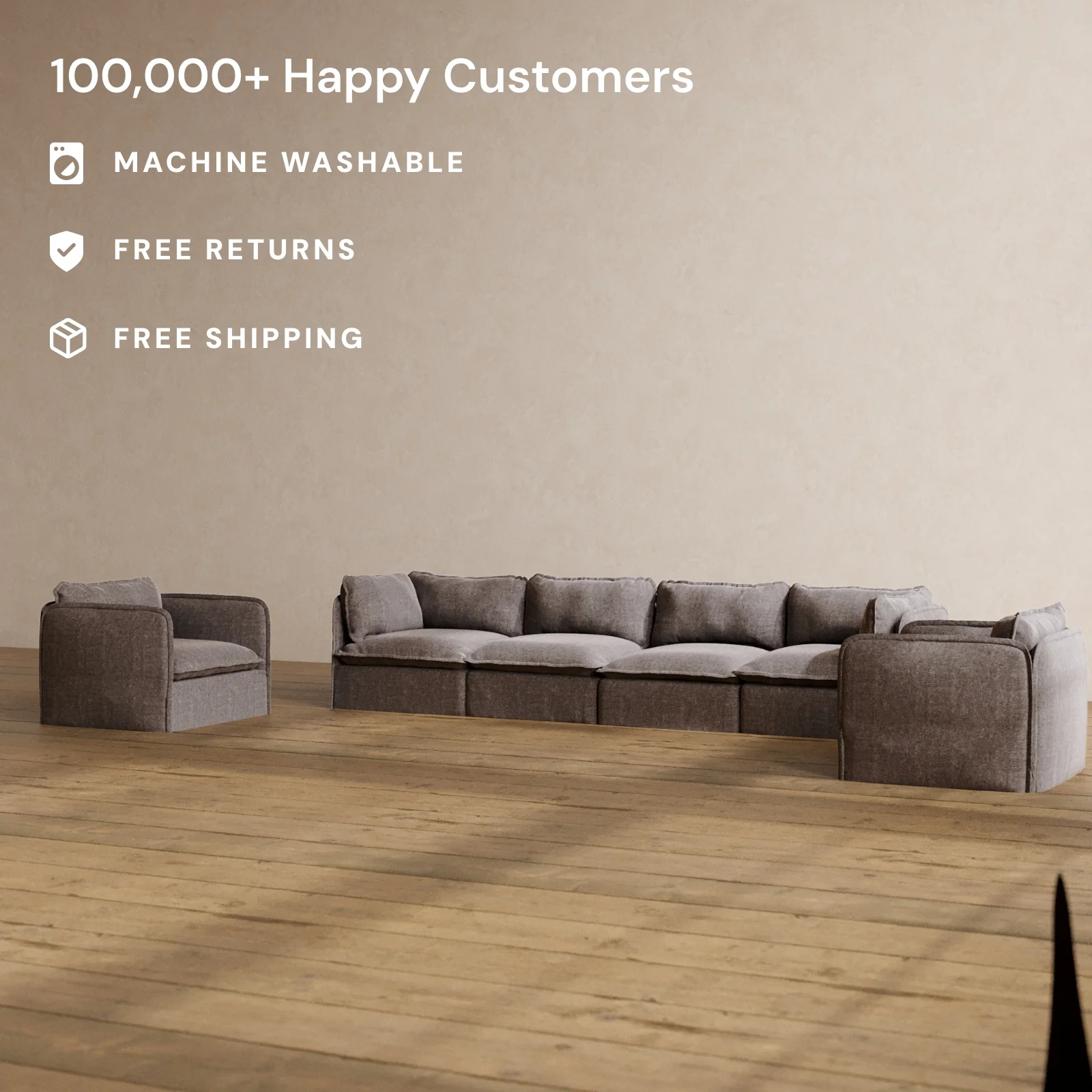 Modular Washable 4-Seater Sofa + Armchair Set in Caviar | Deluxe+ Seat | Cloud Pillow - Image 2