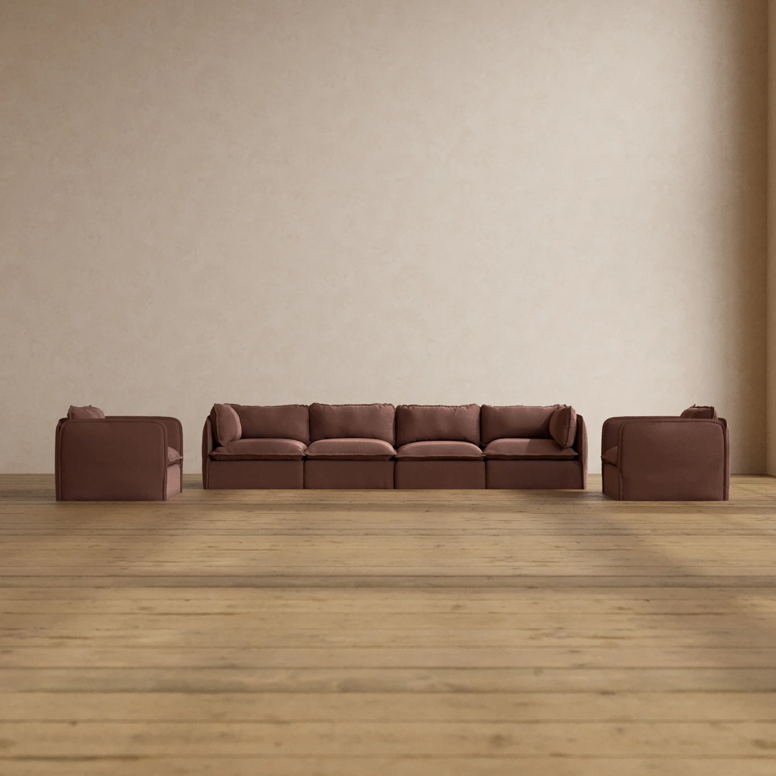 Modular Washable 4-Seater Sofa + Armchair Set in Chestnut | Memorix+ Seat | Contour Pillow