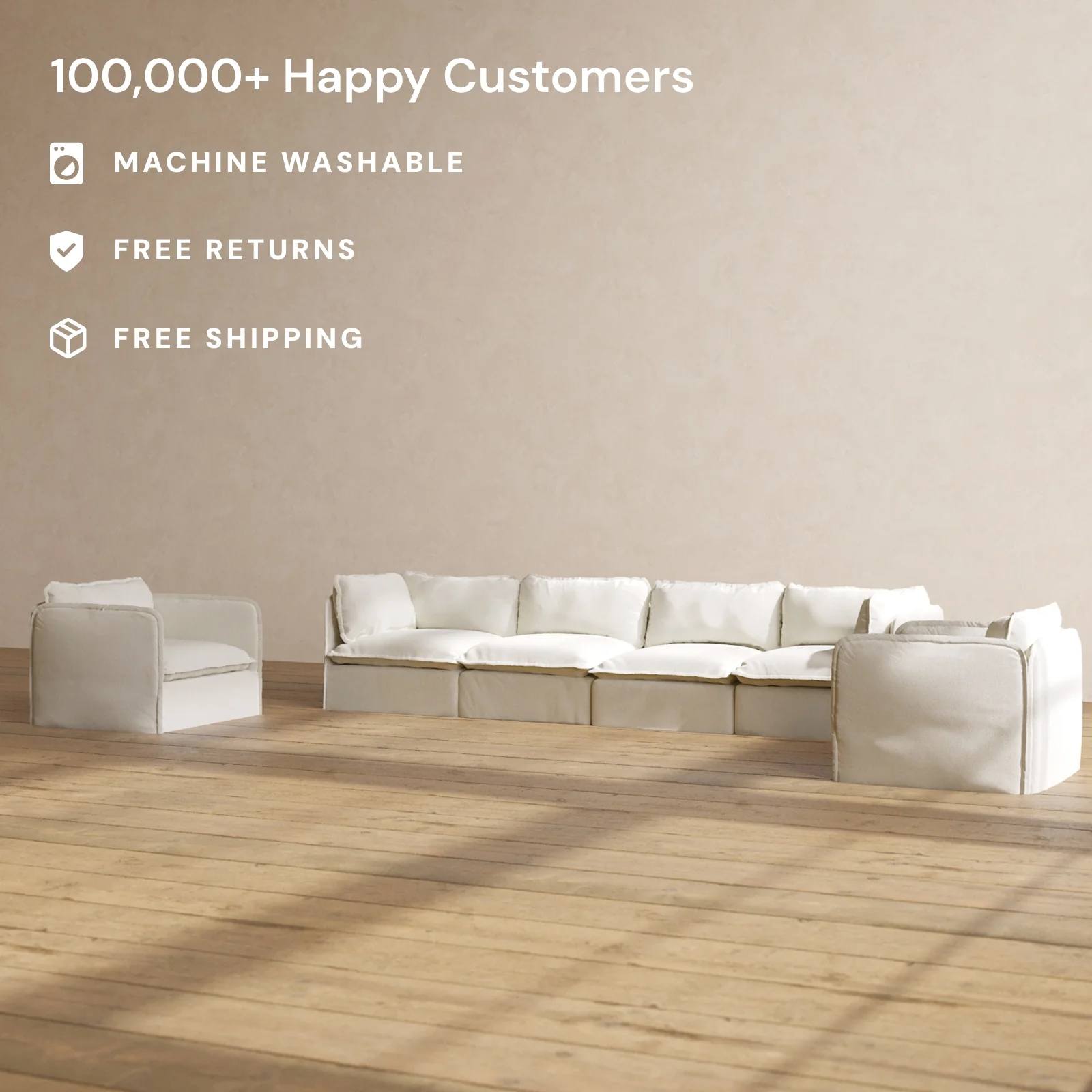 Modular Washable 4-Seater Sofa + Armchair Set in Eggshell | Memorix+ Seat | Contour Pillow - Image 2