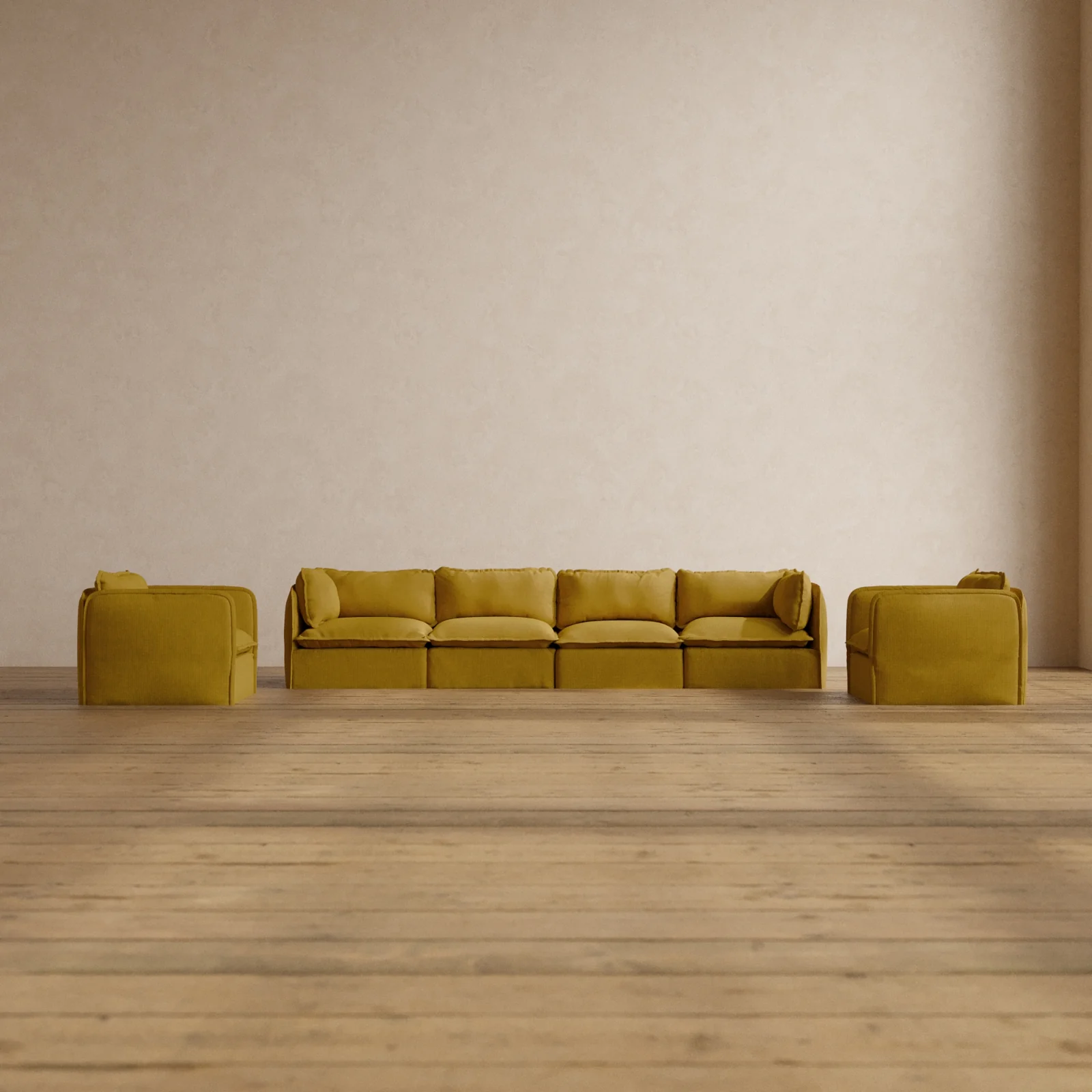 Modular Washable 4-Seater Sofa + Armchair Set in Kiiro | Memorix+ Seat | Contour Pillow