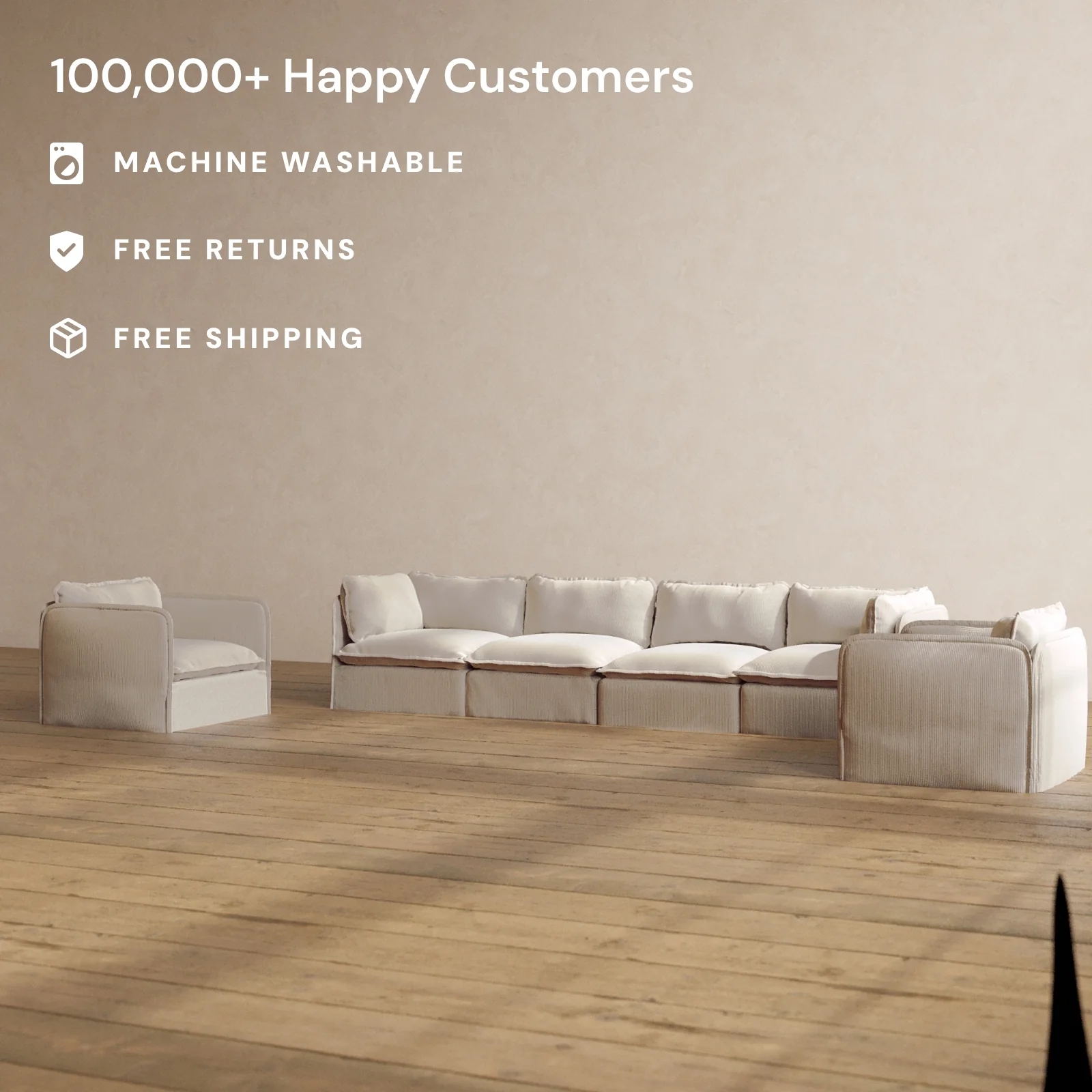 Modular Washable 4-Seater Sofa + Armchair Set in Milk | Memorix+ Seat | Contour Pillow - Image 2
