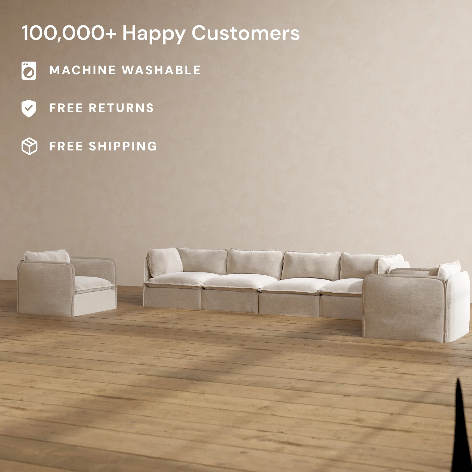 Modular Washable 4-Seater Sofa + Armchair Set in Mist | Deluxe+ Seat | Cloud Pillow - Image 2