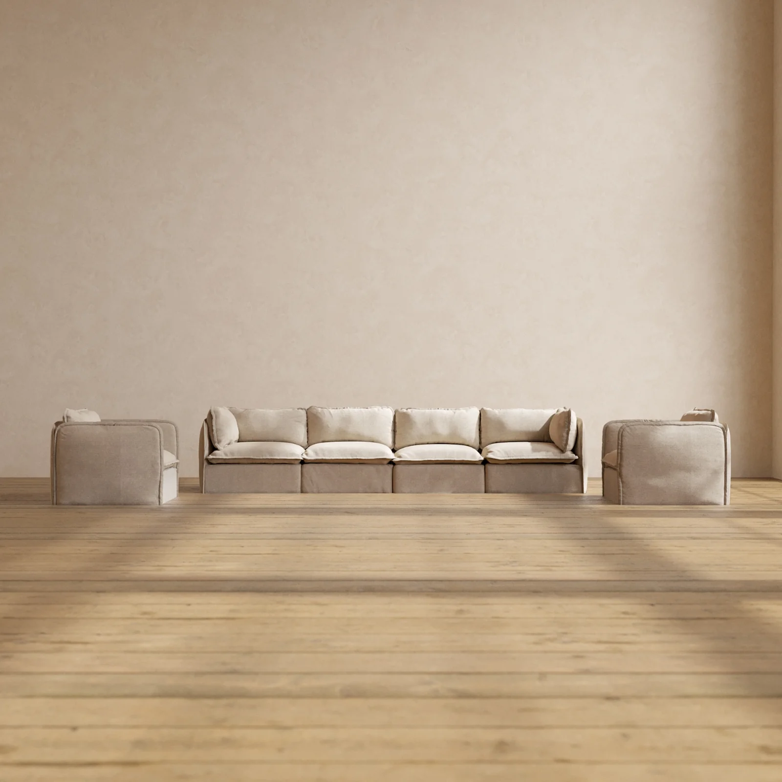 Modular Washable 4-Seater Sofa + Armchair Set in Oat | Memorix+ Seat | Contour Pillow