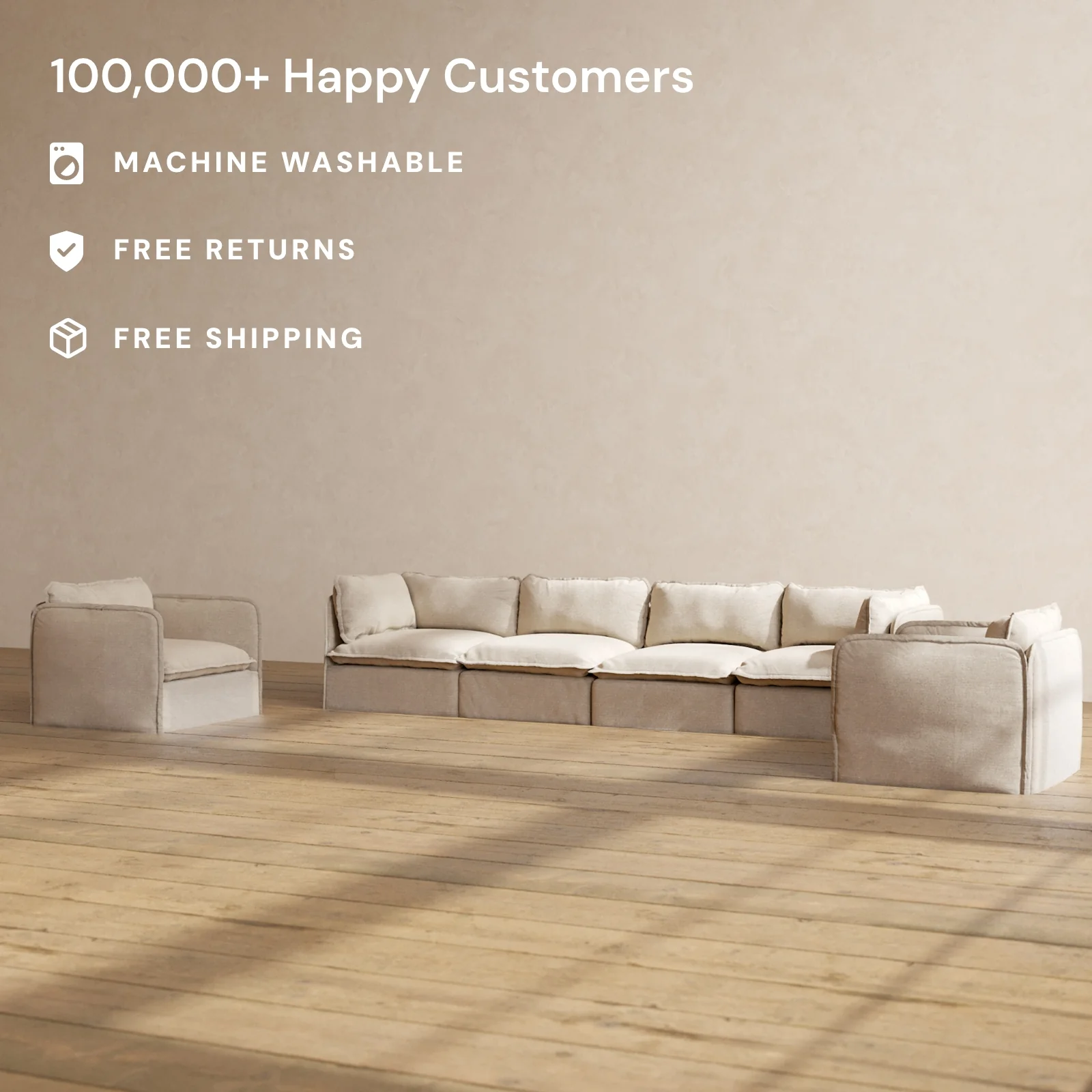 Modular Washable 4-Seater Sofa + Armchair Set in Oat | Memorix+ Seat | Contour Pillow - Image 2