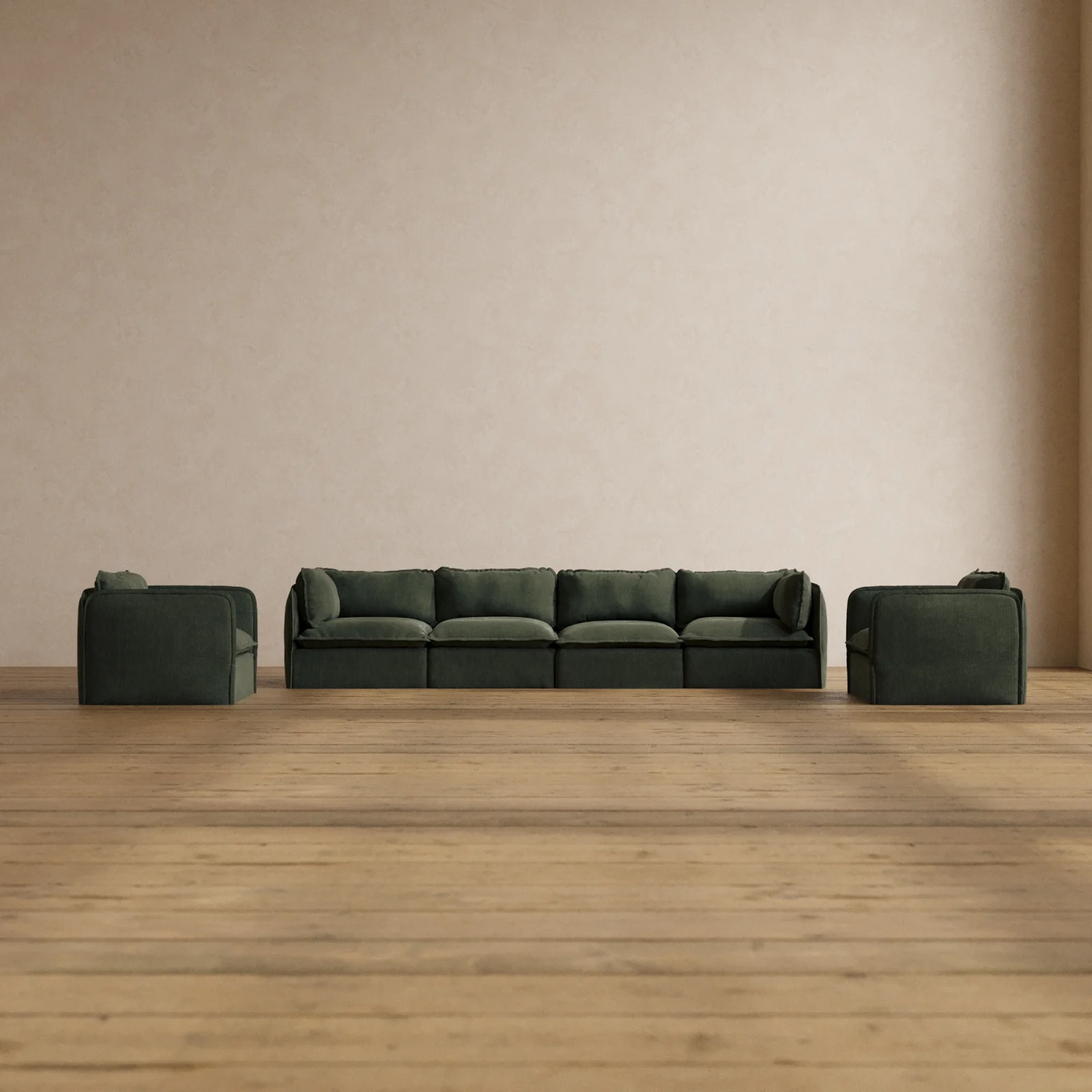 Modular Washable 4-Seater Sofa + Armchair Set in Olivine | Deluxe+ Seat | Cloud Pillow