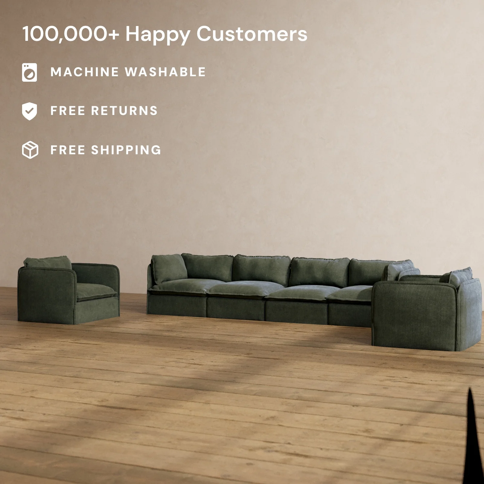 Modular Washable 4-Seater Sofa + Armchair Set in Olivine | Deluxe+ Seat | Cloud Pillow - Image 2