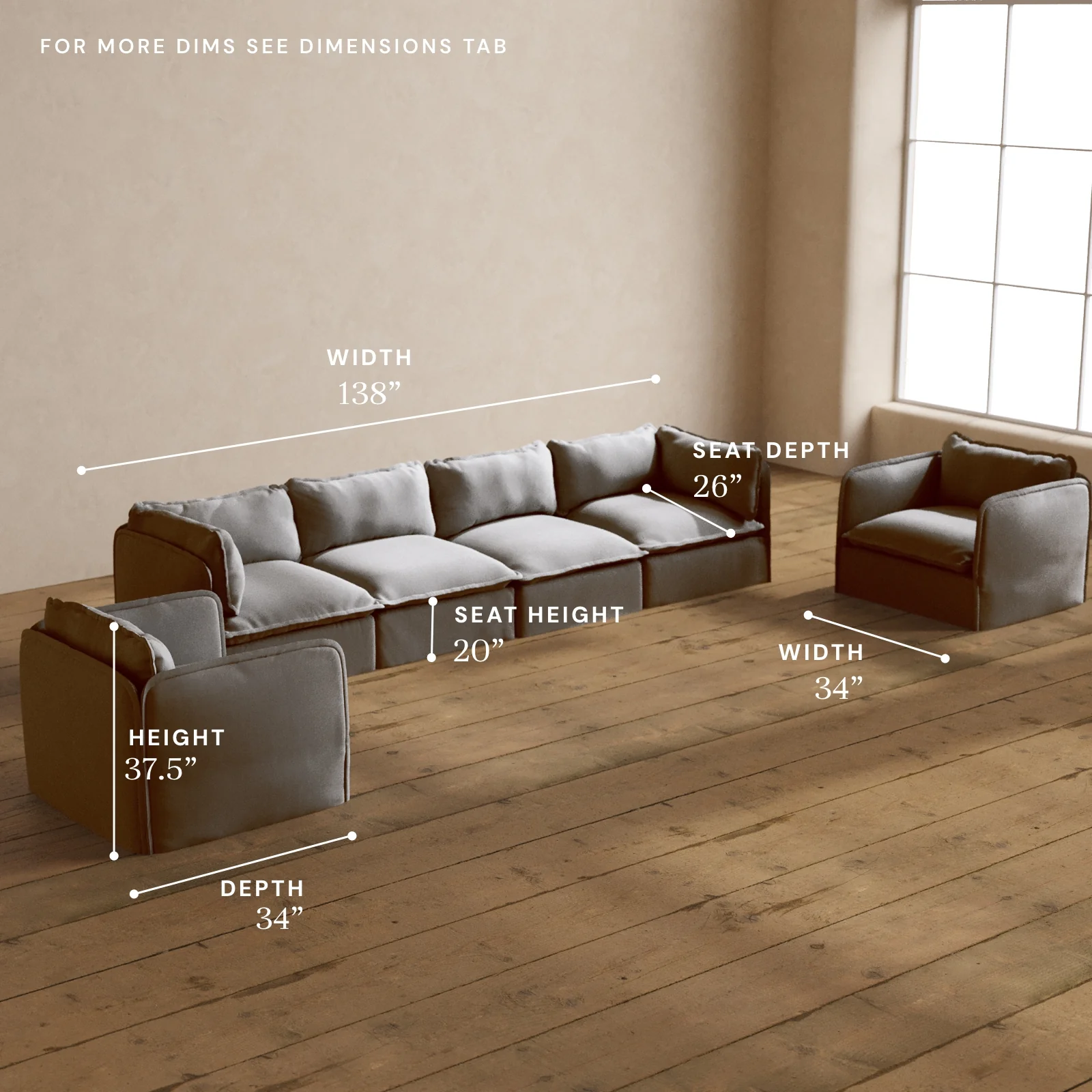 Modular Washable 4-Seater Sofa + Armchair Set in Pumice | Memorix+ Seat | Contour Pillow - Image 5