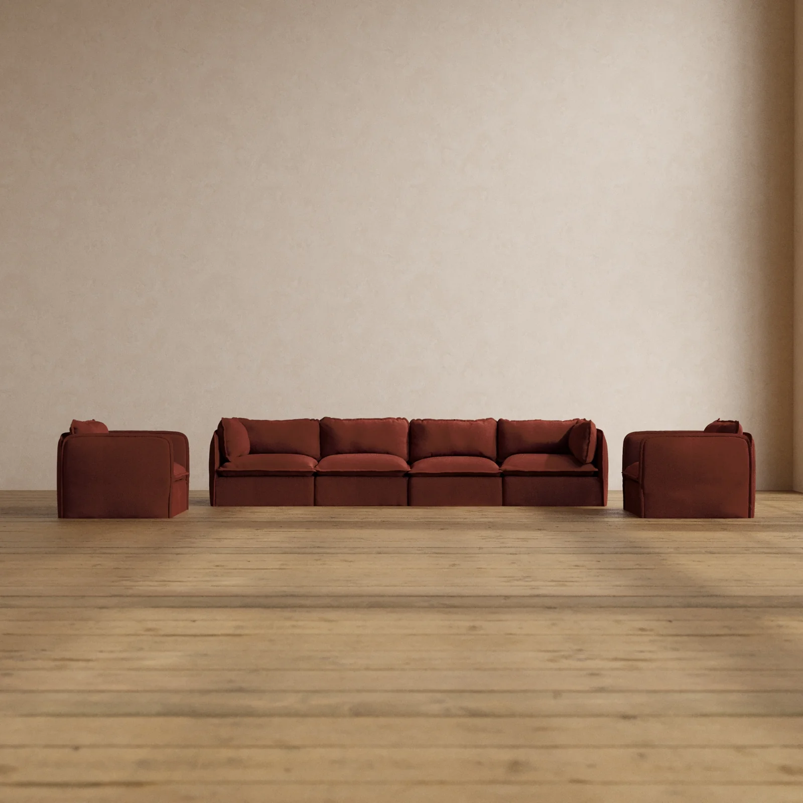 Modular Washable 4-Seater Sofa + Armchair Set in Rust | Memorix+ Seat | Contour Pillow