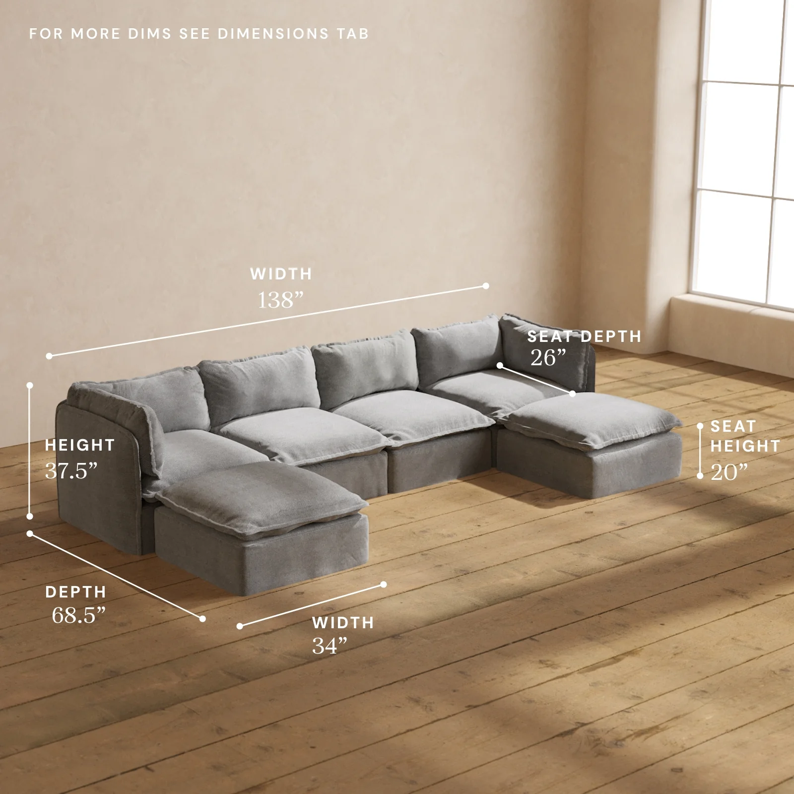 Modular Washable 4-Seater U-Sectional in Ash | Deluxe+ Seat | Cloud Pillow - Image 5