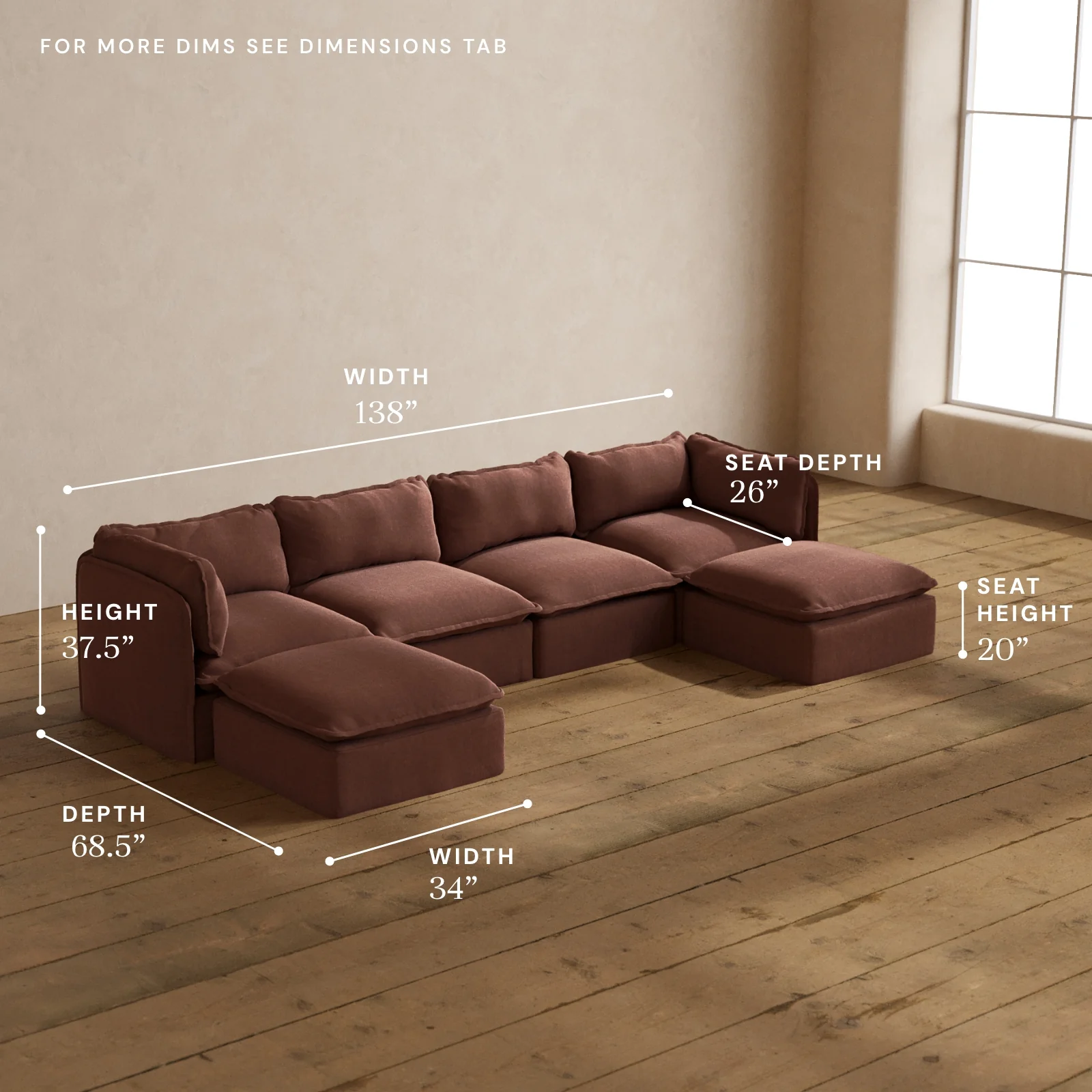 Modular Washable 4-Seater U-Sectional in Chestnut | Deluxe+ Seat | Cloud Pillow - Image 5