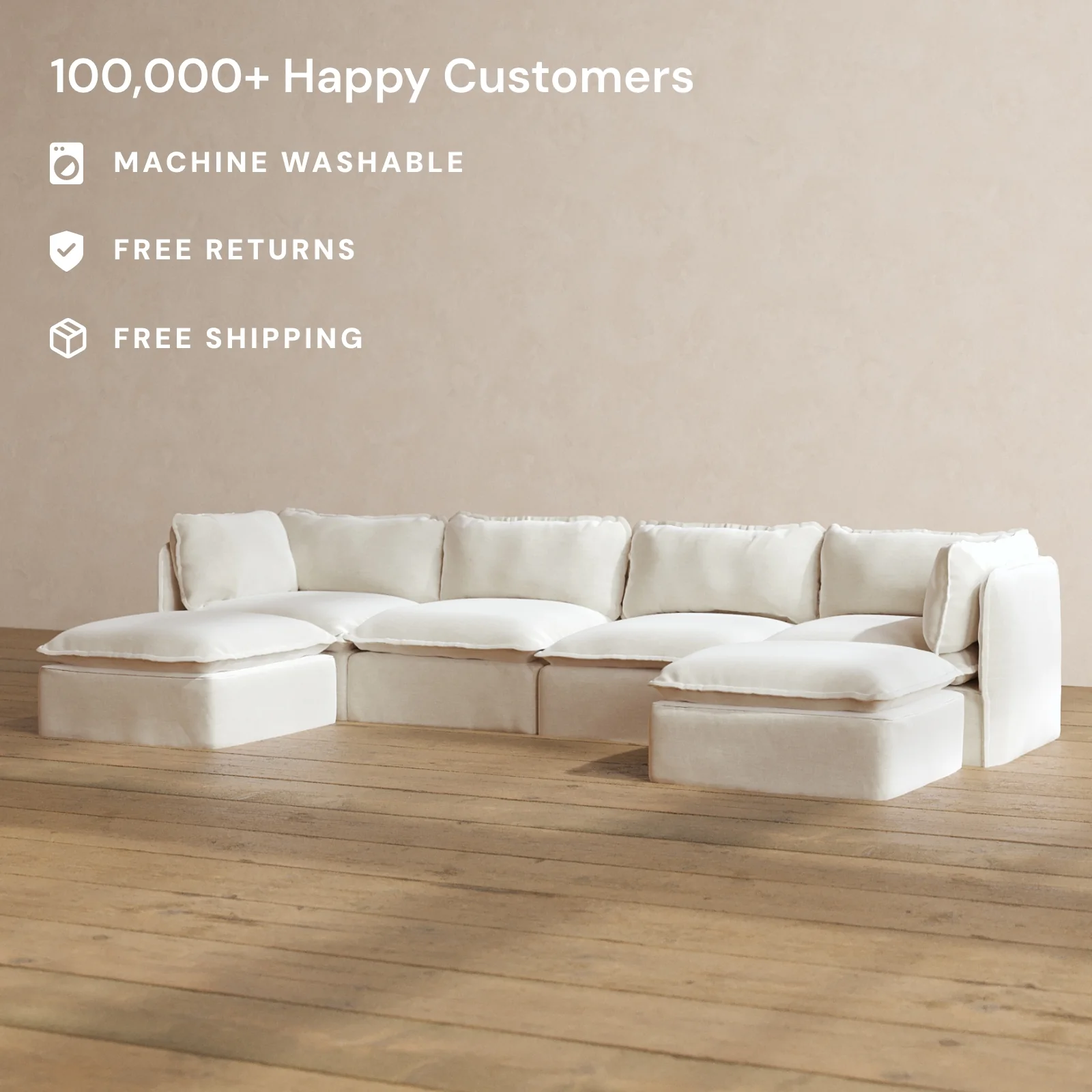Modular Washable 4-Seater U-Sectional in Coco | Deluxe+ Seat | Cloud Pillow - Image 2