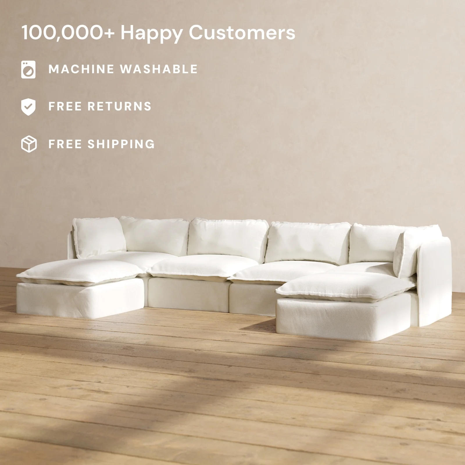 Modular Washable 4-Seater U-Sectional in Eggshell | Deluxe+ Seat | Cloud Pillow - Image 2