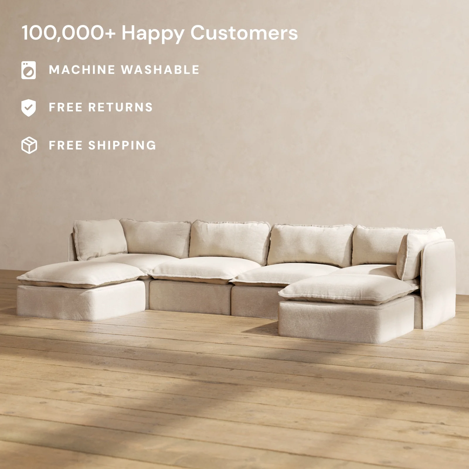 Modular Washable 4-Seater U-Sectional in Oat | Deluxe+ Seat | Cloud Pillow - Image 2