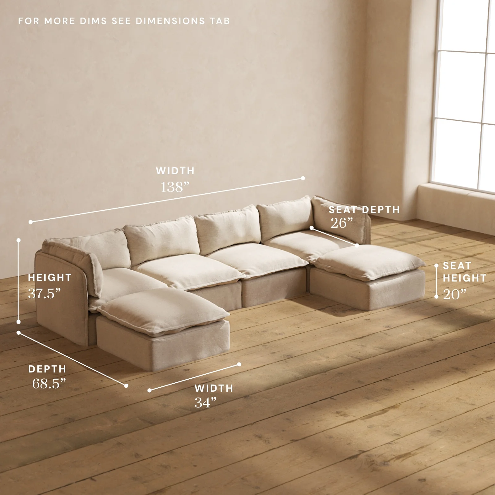 Modular Washable 4-Seater U-Sectional in Oat | Memorix+ Seat | Contour Pillow - Image 5