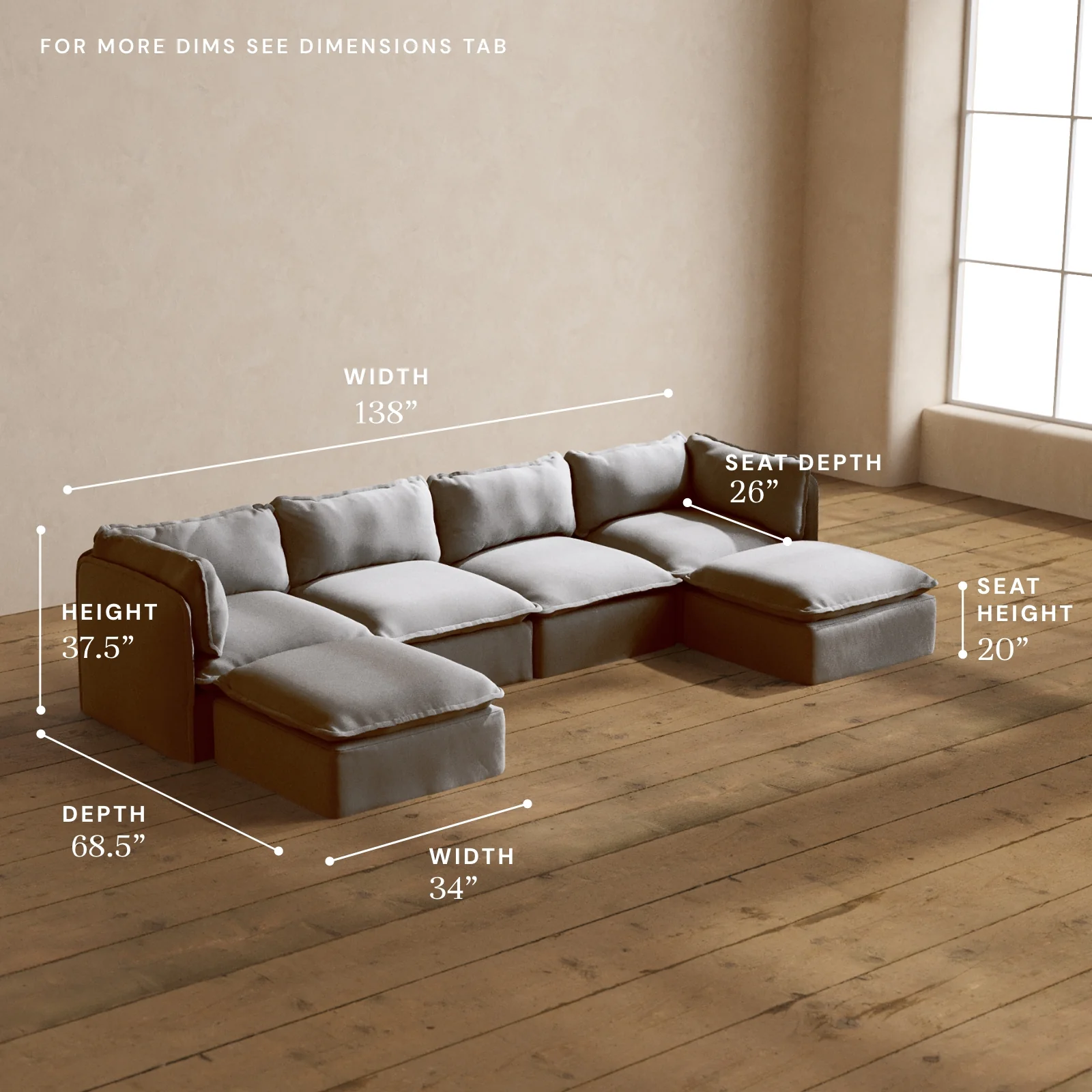 Modular Washable 4-Seater U-Sectional in Pumice | Deluxe+ Seat | Cloud Pillow - Image 5