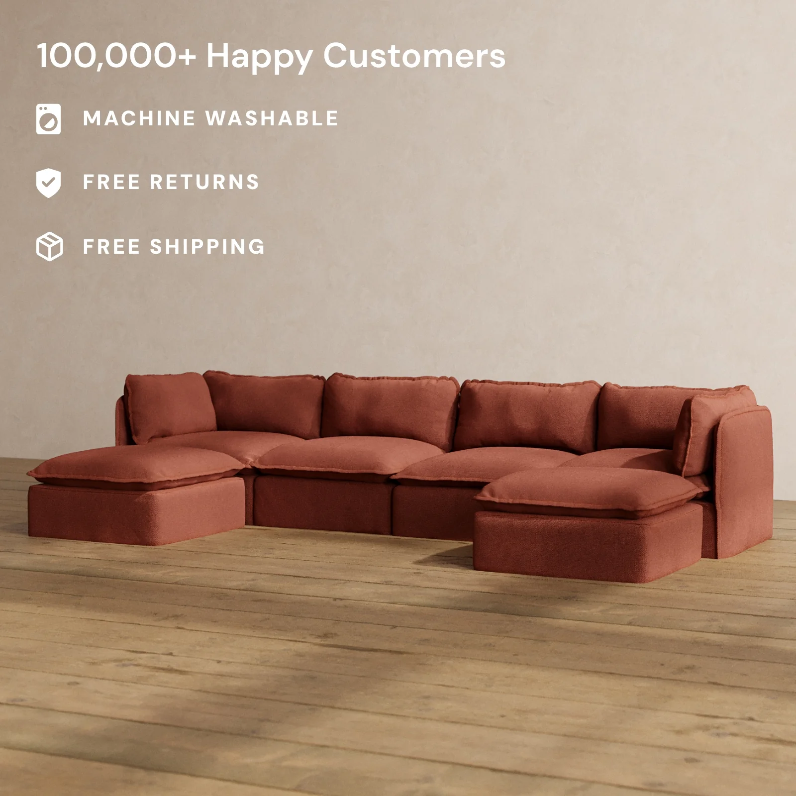 Modular Washable 4-Seater U-Sectional in Rust | Deluxe+ Seat | Cloud Pillow - Image 2