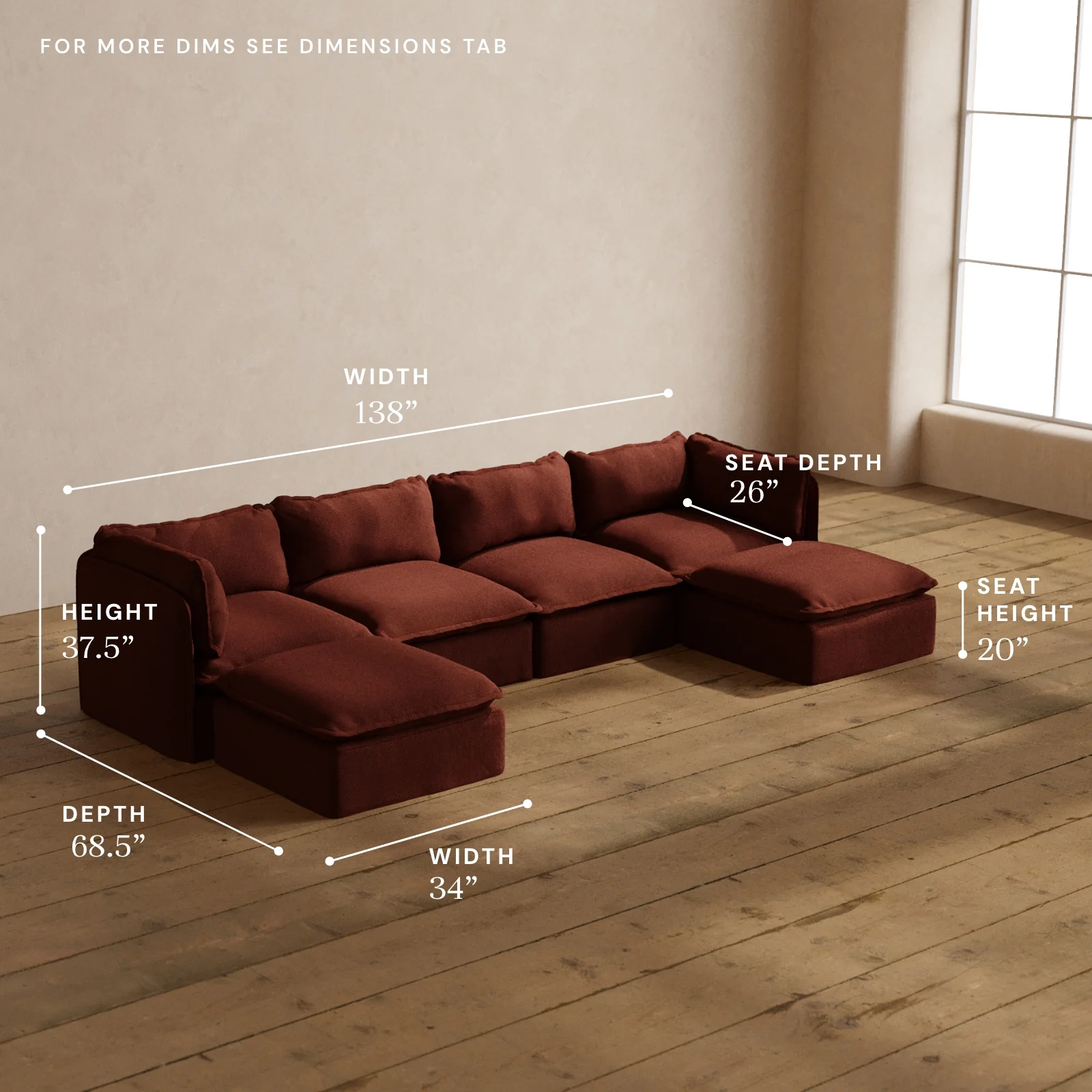 Modular Washable 4-Seater U-Sectional in Rust | Deluxe+ Seat | Cloud Pillow - Image 5