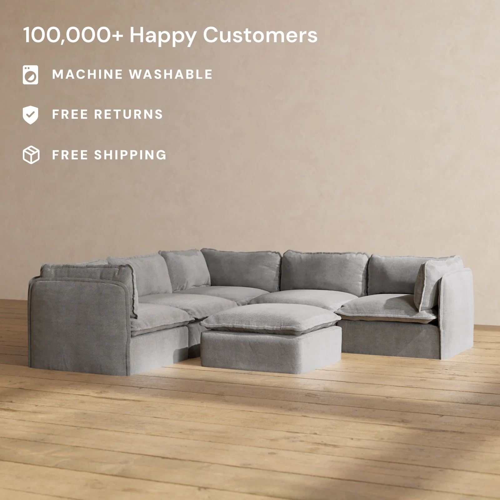 Modular Washable 5-Seater Corner Sectional + Ottoman in Ash | Memorix+ Seat | Contour Pillow - Image 2