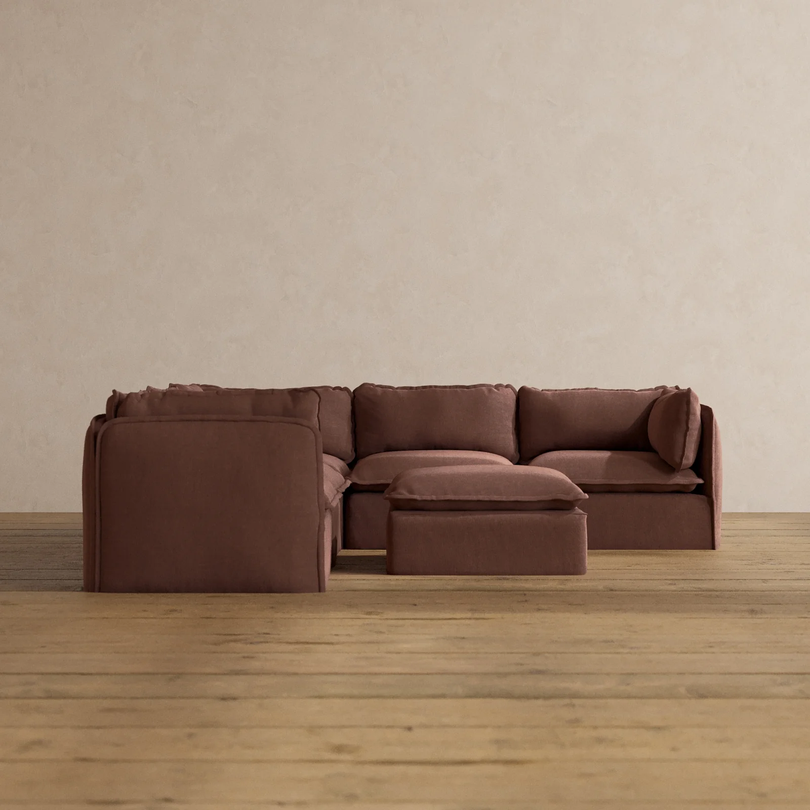 Modular Washable 5-Seater Corner Sectional + Ottoman in Chestnut | Memorix+ Seat | Contour Pillow