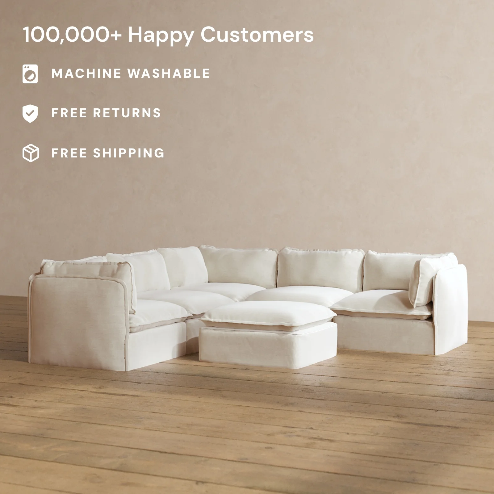 Modular Washable 5-Seater Corner Sectional + Ottoman in Coco | Memorix+ Seat | Contour Pillow - Image 2