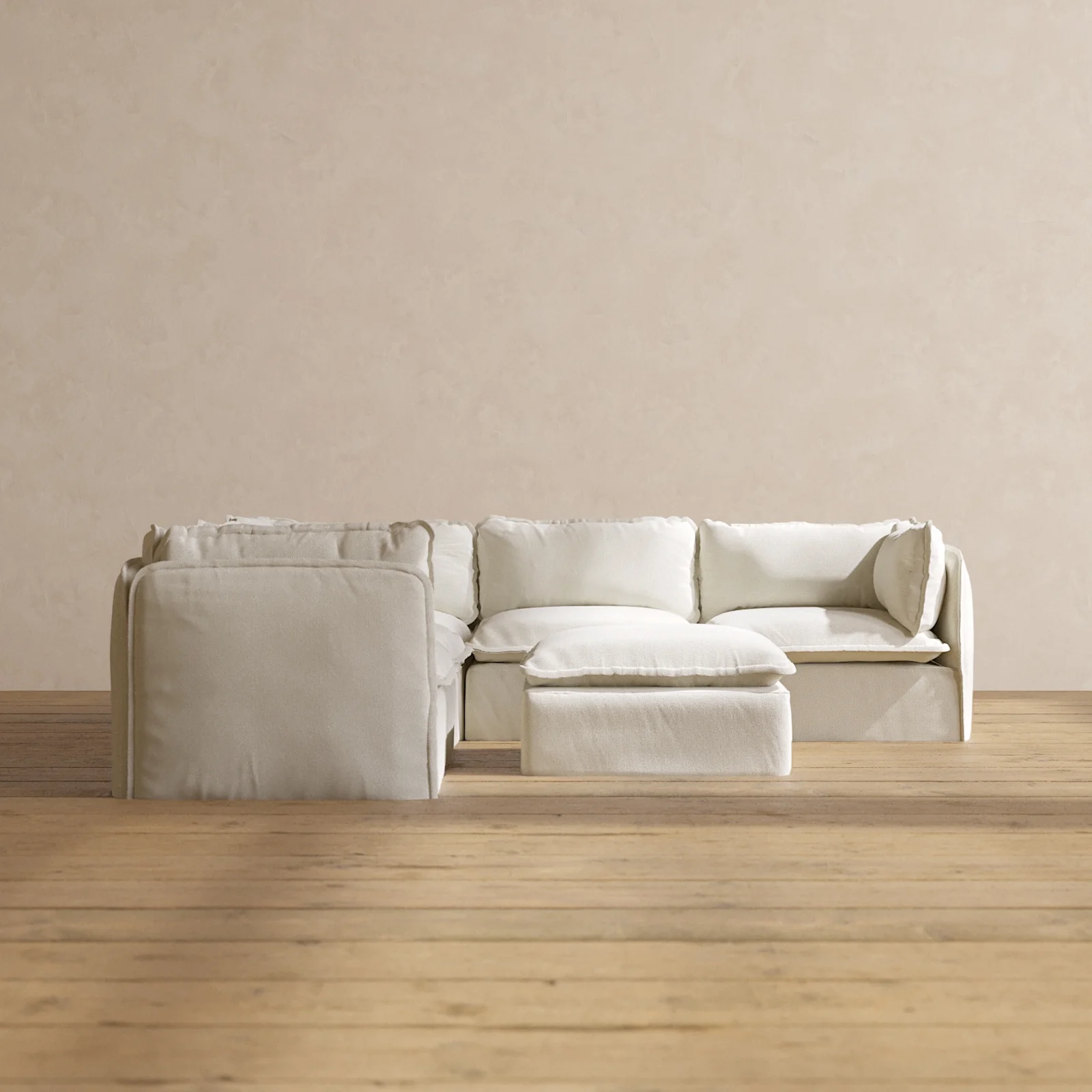 Modular Washable 5-Seater Corner Sectional + Ottoman in Eggshell | Deluxe+ Seat | Cloud Pillow