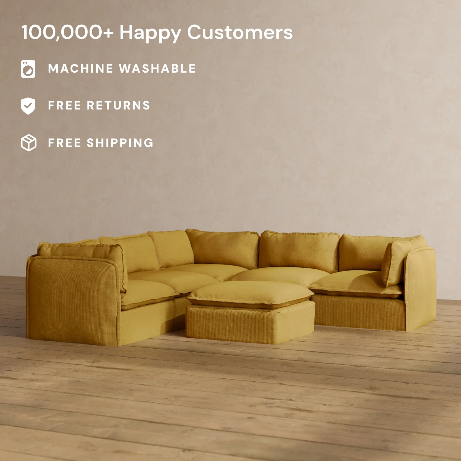 Modular Washable 5-Seater Corner Sectional + Ottoman in Kiiro | Deluxe+ Seat | Cloud Pillow - Image 2