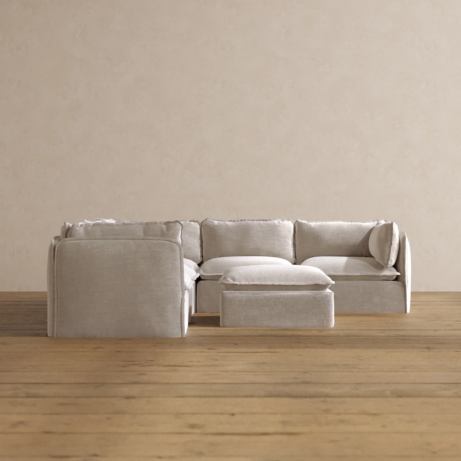Modular Washable 5-Seater Corner Sectional + Ottoman in Mist | Deluxe+ Seat | Cloud Pillow