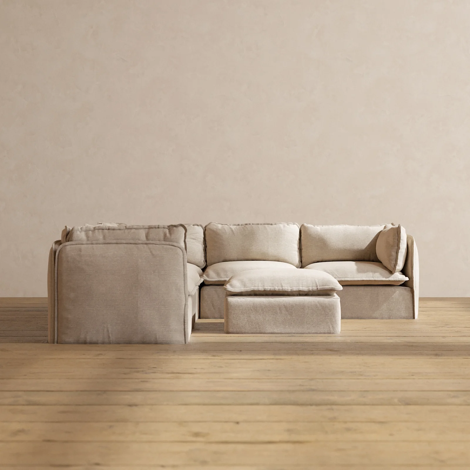 Modular Washable 5-Seater Corner Sectional + Ottoman in Oat | Deluxe+ Seat | Cloud Pillow
