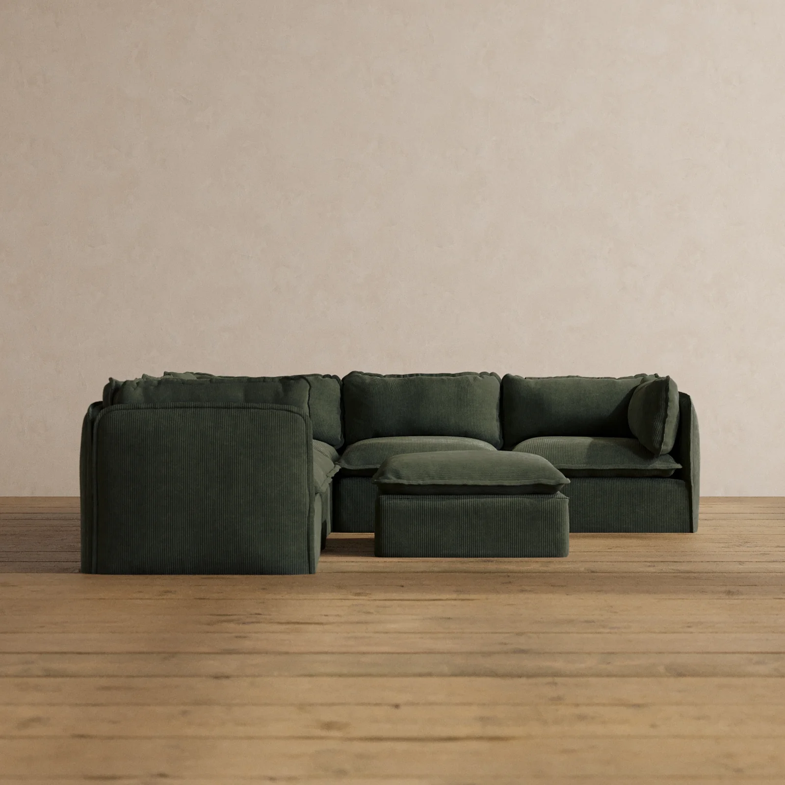 Modular Washable 5-Seater Corner Sectional + Ottoman in Olivine | Memorix+ Seat | Contour Pillow