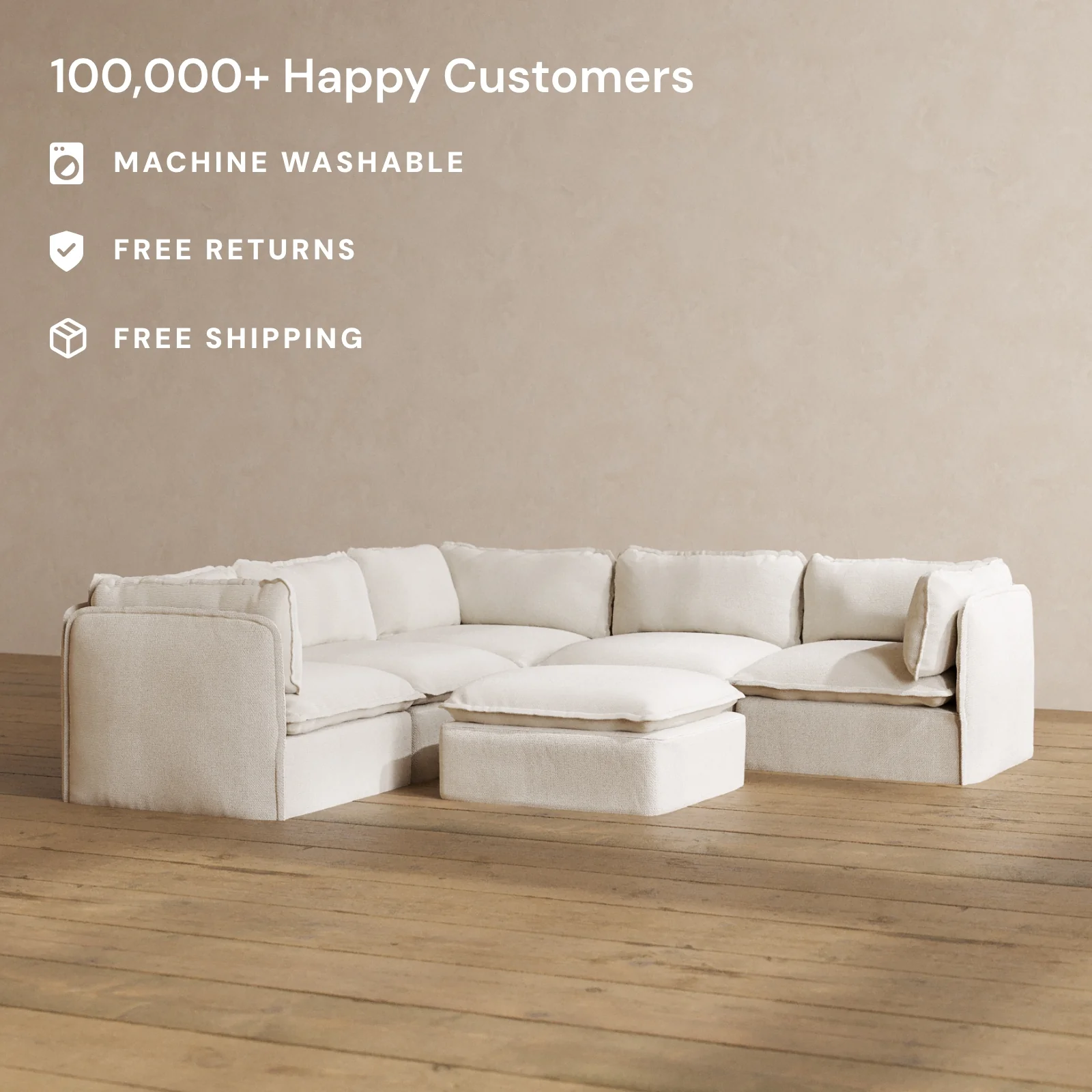 Modular Washable 5-Seater Corner Sectional + Ottoman in Powder | Deluxe+ Seat | Cloud Pillow - Image 2
